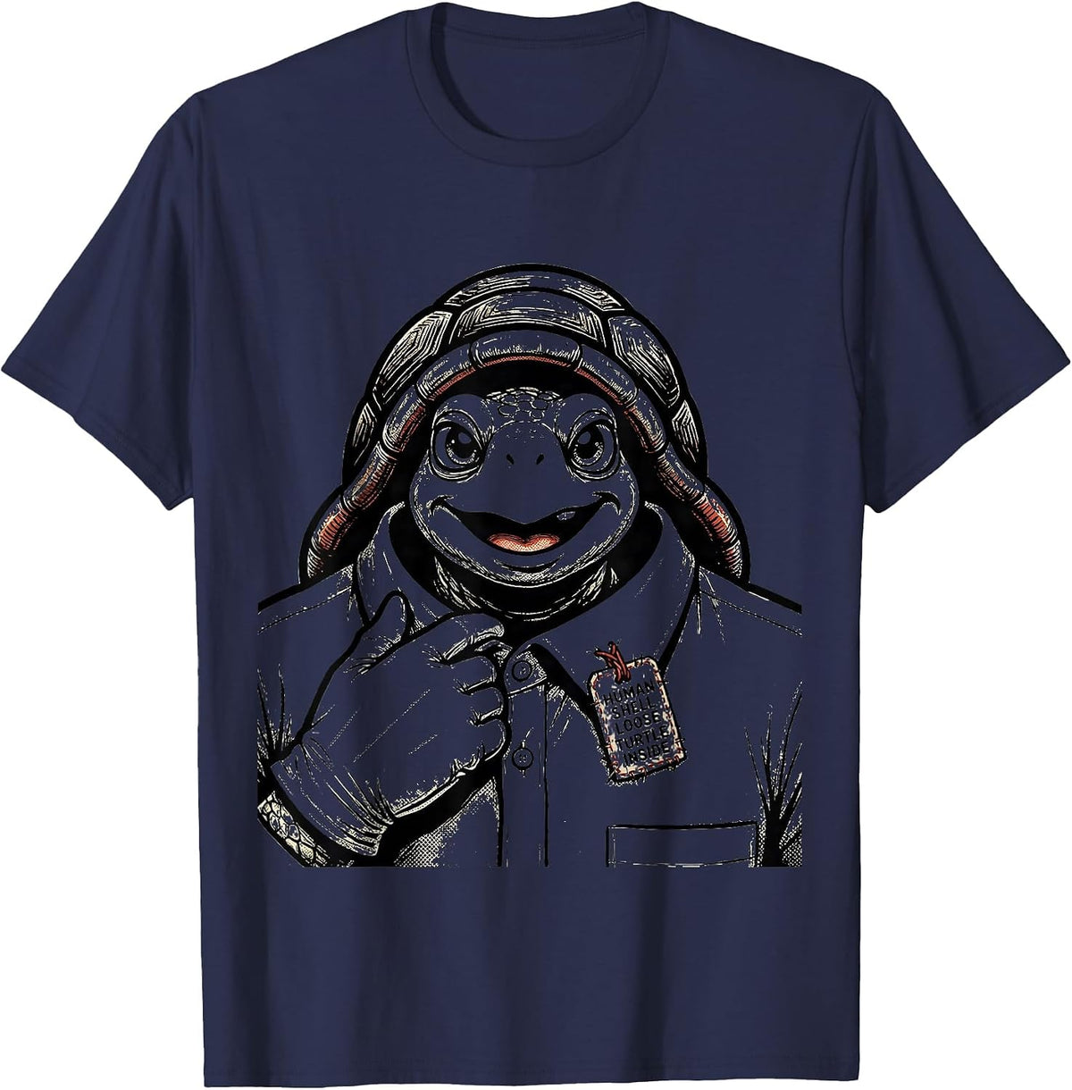 Human Shell Loose Turtle Inside Retro Cartoon Halloween T-Shirt - Navy Blue