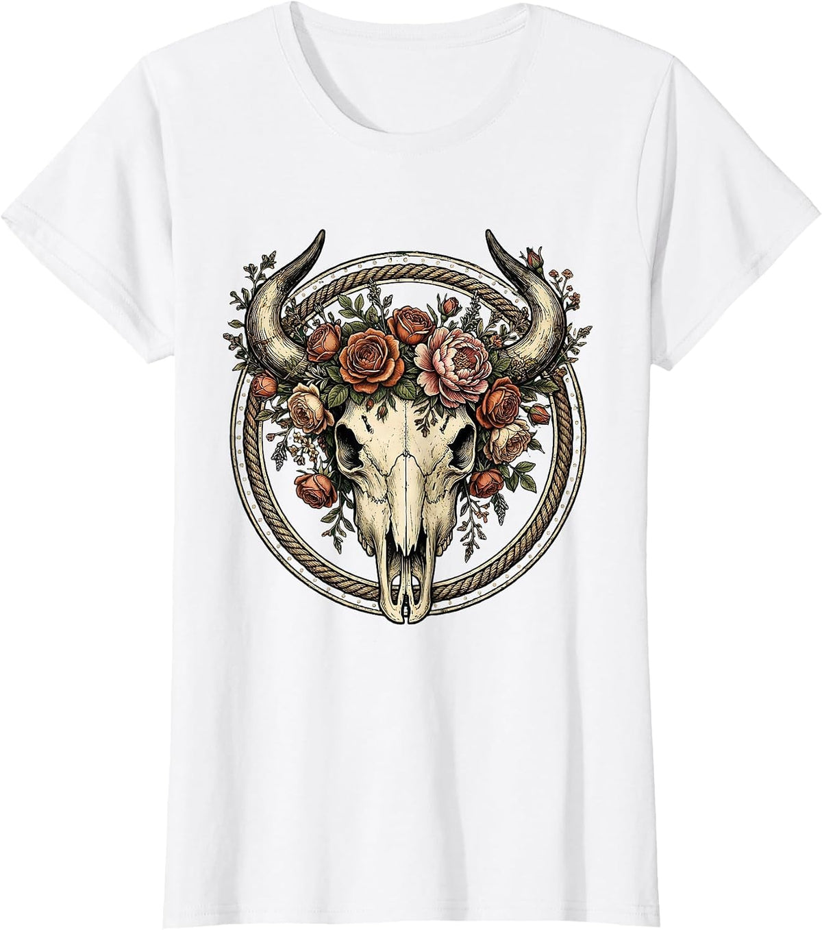 Bull Skull Floral Crown Western Boho Design T-Shirt - White