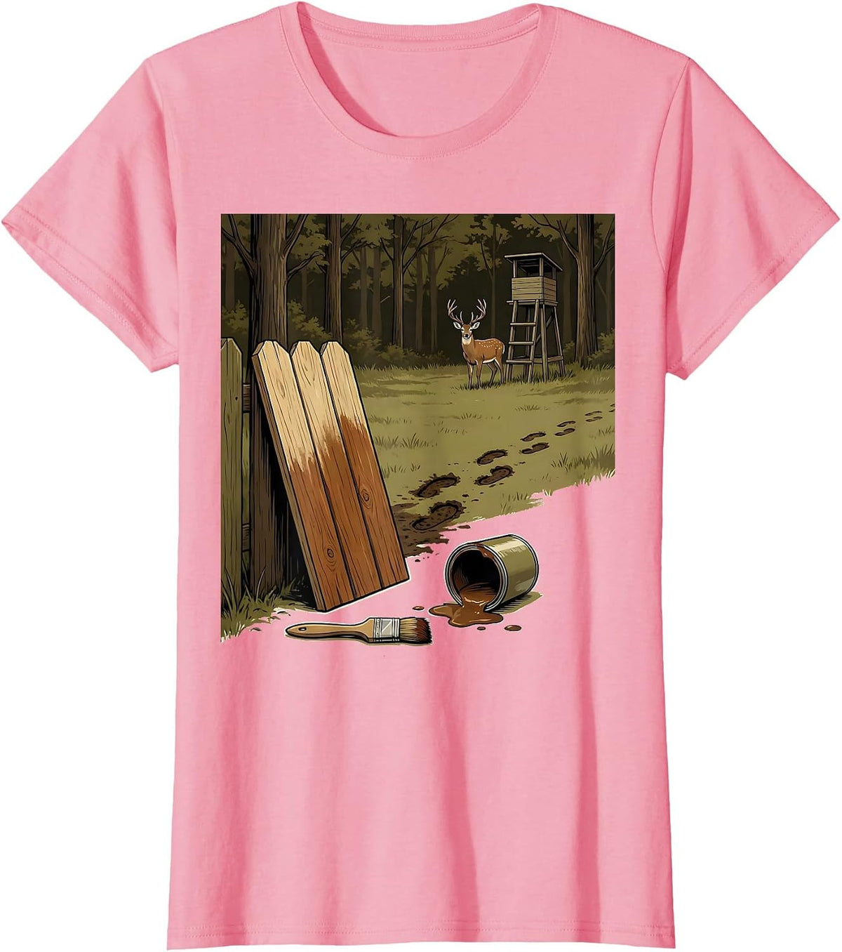 Women's Half-Painted Fence Board Deer Hunting Dad Humor T-Shirt - Pink