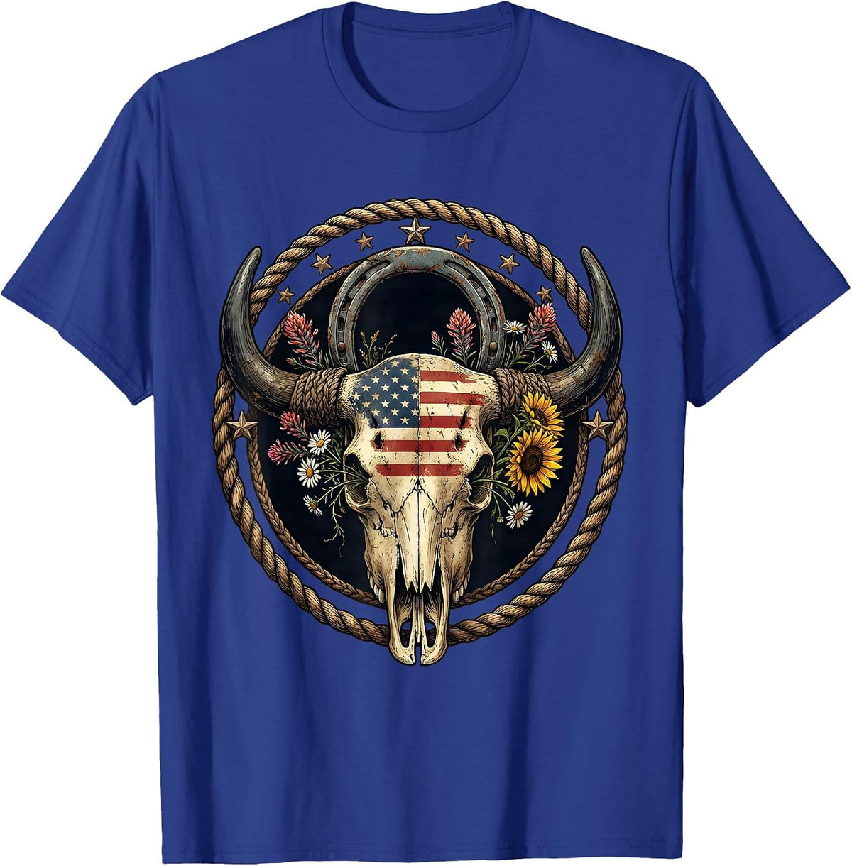Men's Buffalo Skull Wildflowers Western Boho USA Design T-Shirt - Royal Blue