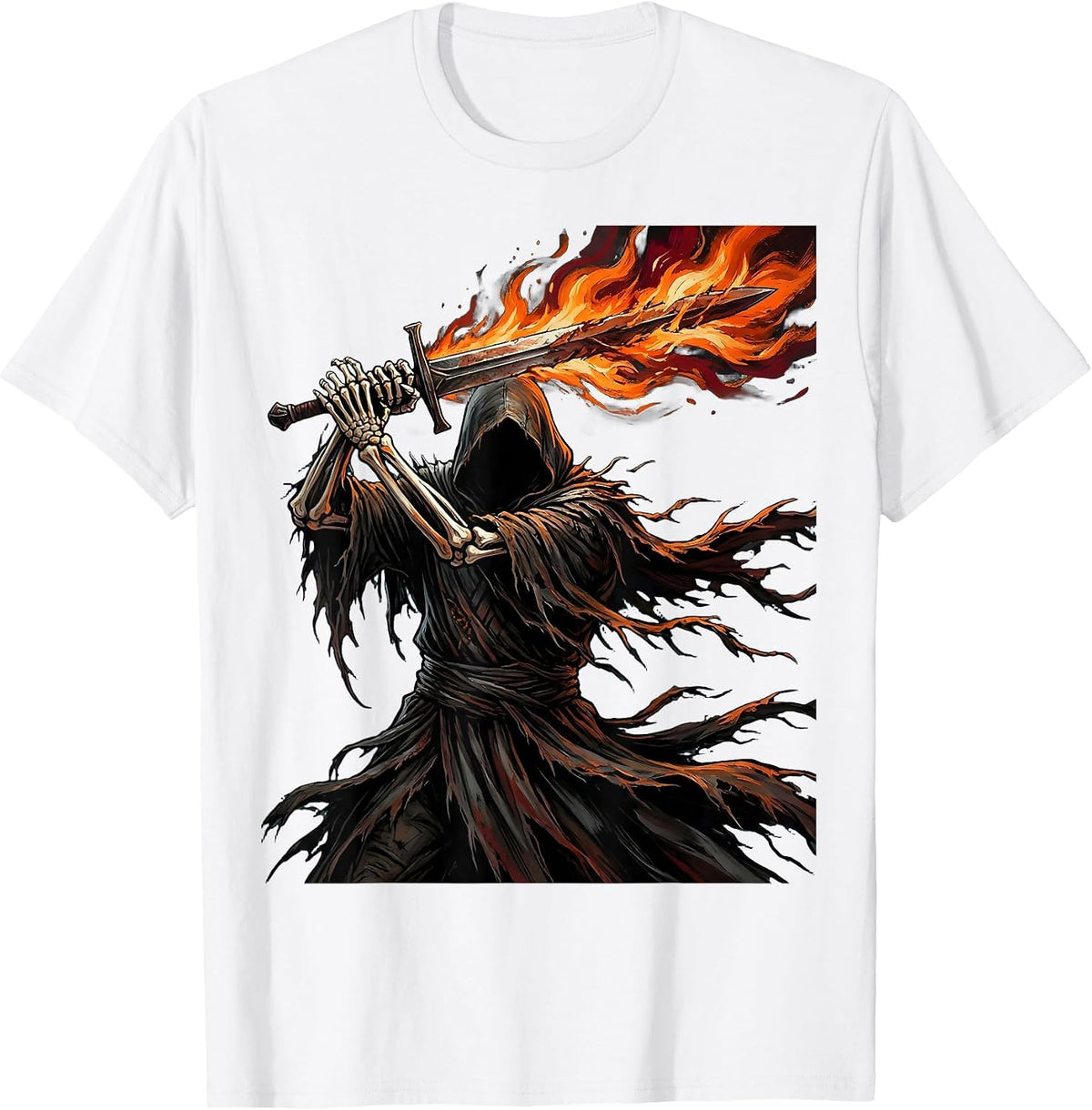 Men's Hooded Figure Flaming Sword Dark Metal Graphic T-Shirt - White