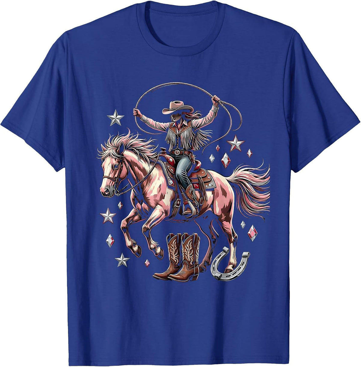 Pink Cowgirl Riding Bucking Bronco Rodeo Art T-Shirt - Royal Blue