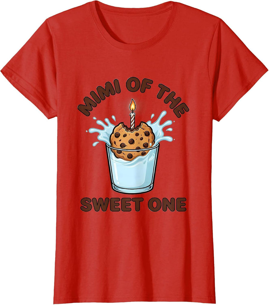 Women's Mimi Of The Sweet One Cookies and Milk 1st Birthday Family T-Shirt - Red