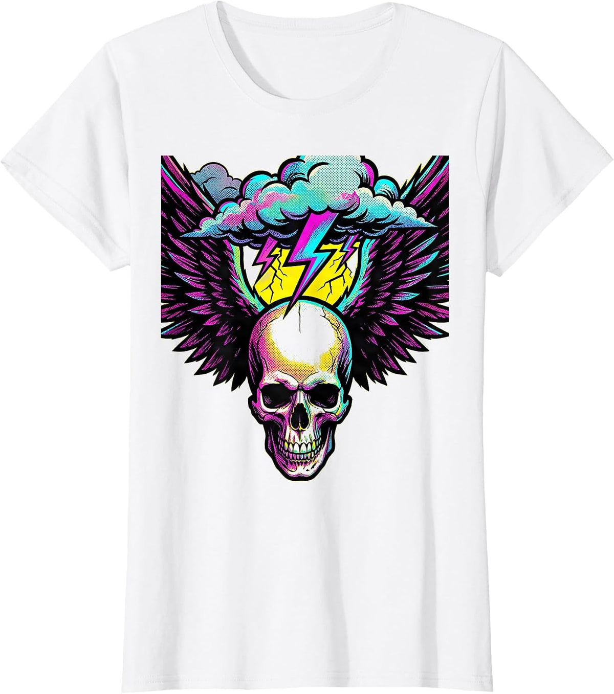 Winged Skull Storm Clouds Rock Graphic T-Shirt - White