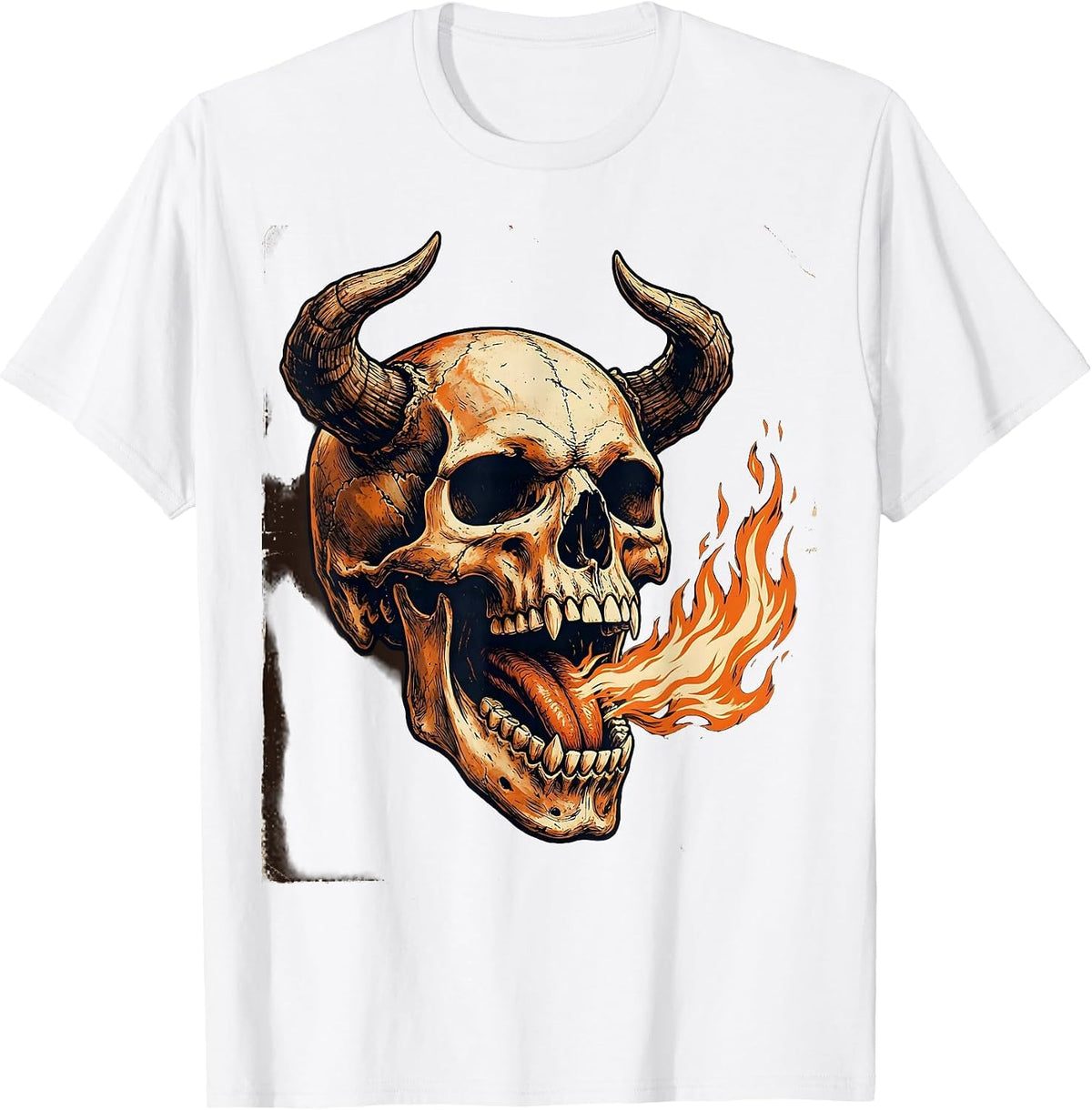 Men's Horned Demon Skull Fire Breathing Dark Art Design T-Shirt - White