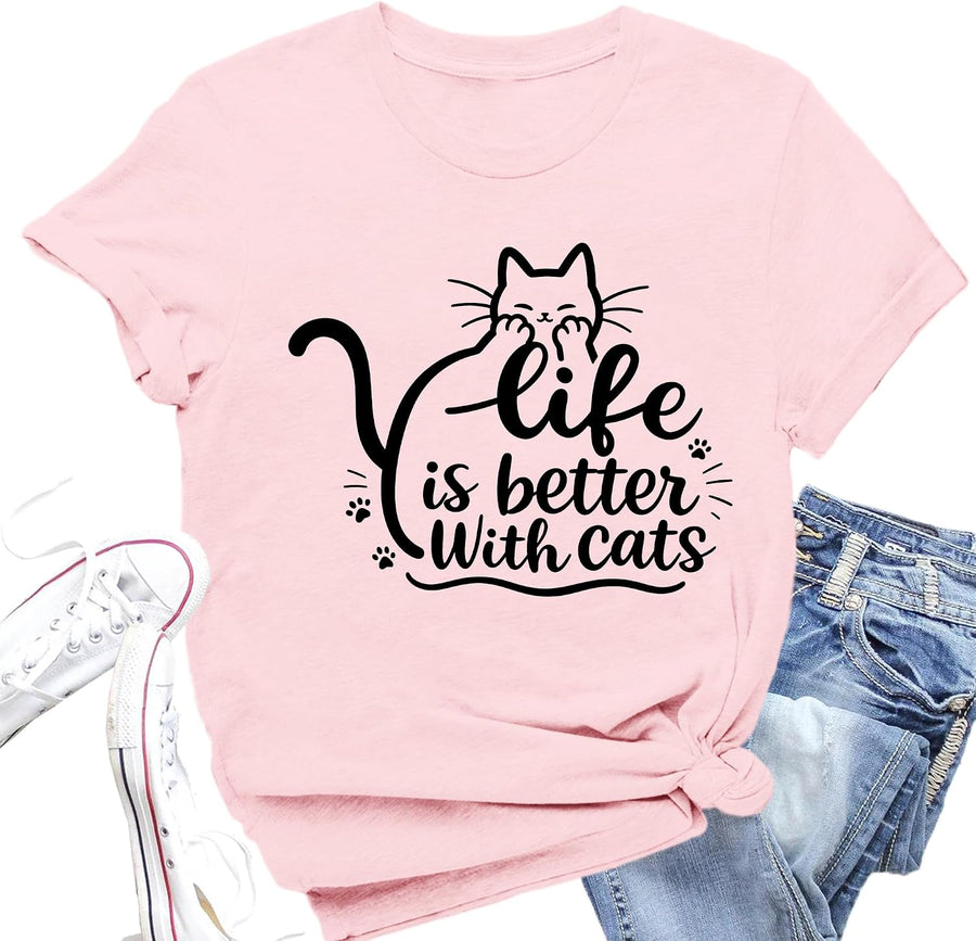 Cat Shirts for Women Life is Better with Cats Pet Owner Tee Tops - Pink