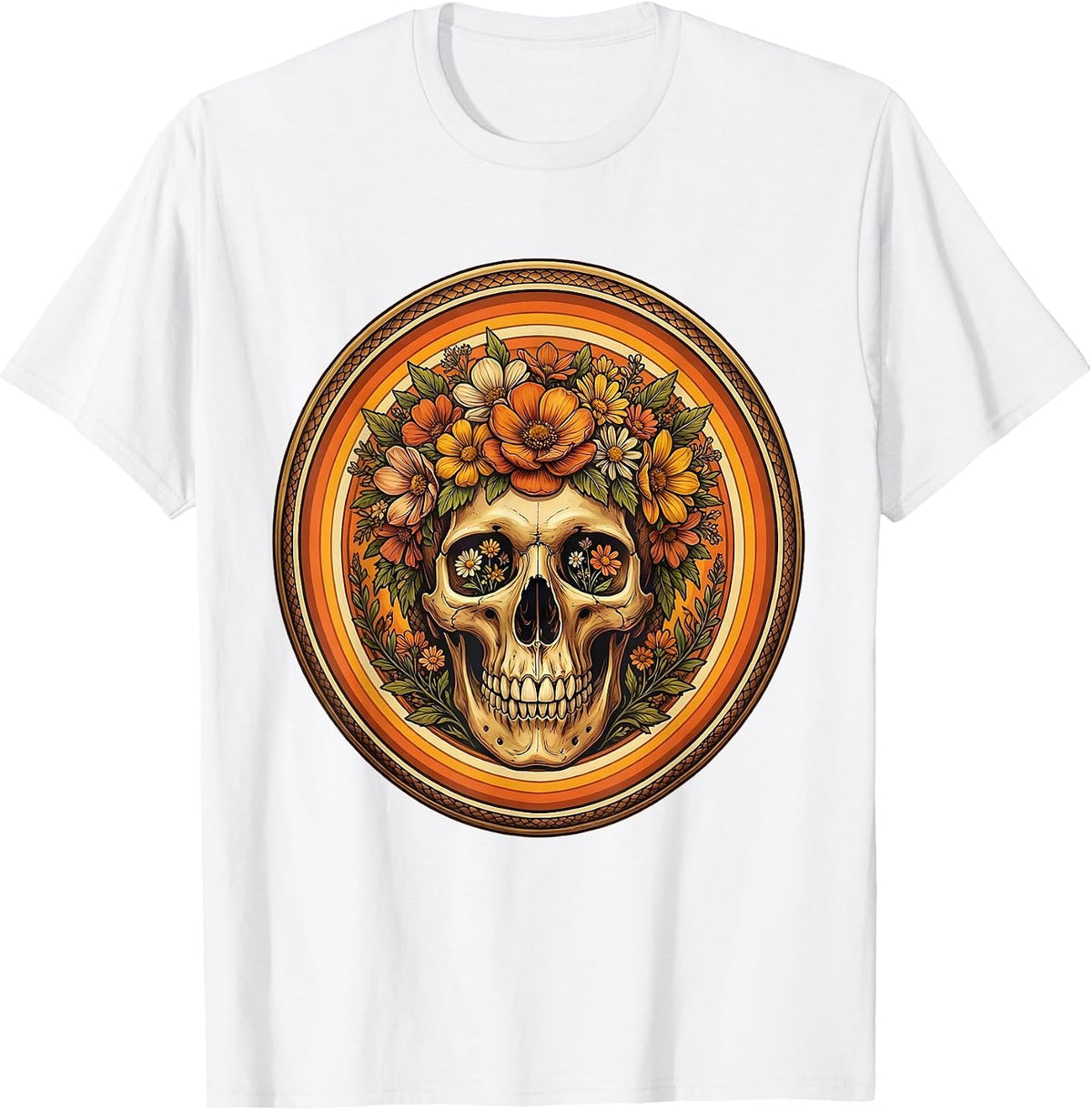 Men's Snake Skull Flower Crown Western Boho Graphic T-Shirt - White