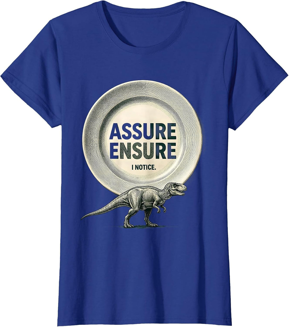 Women's Assure Ensure I Notice Funny Grammar Teacher Dinosaur Humor T-Shirt - Royal Blue