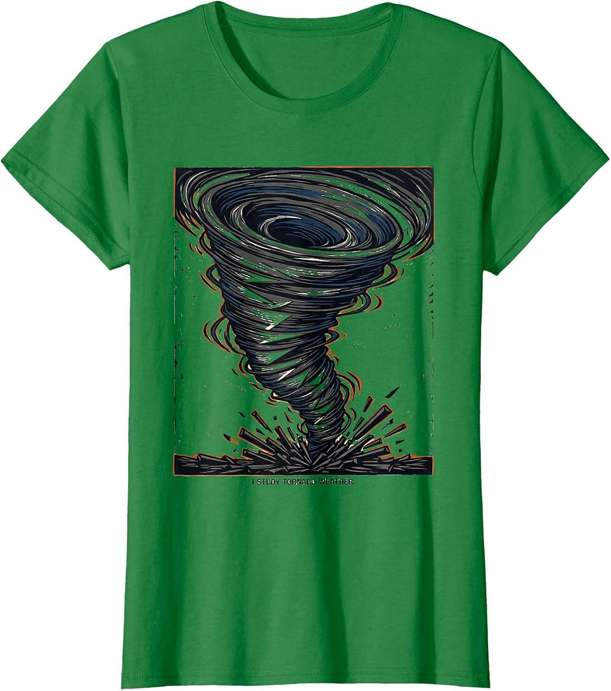 Women's I Study Tornado Weather Linocut Meteorology Enthusiast Storm T-Shirt - Kelly Green