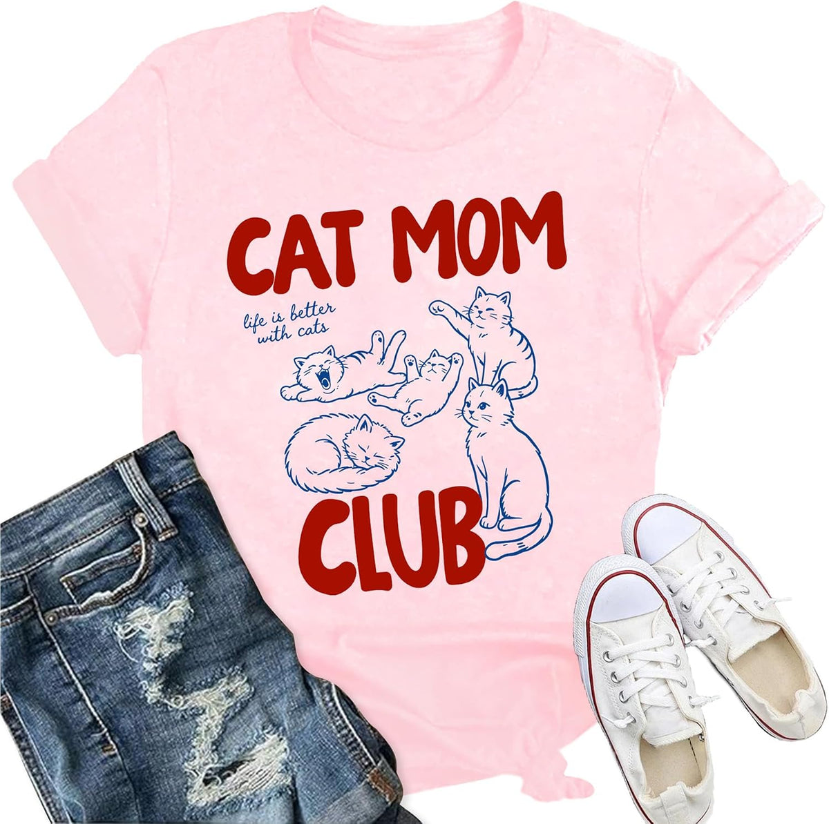 Womens Cat Mom Club Shirt Retro Pet Lover Kitty Owner Tee - Pink