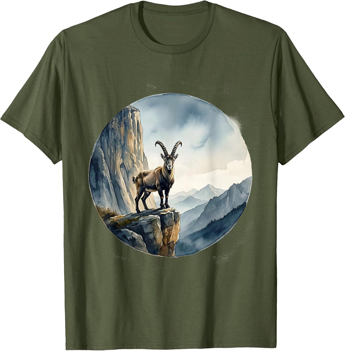 Men's Be Still Mountain Goat Cliff Ledge Illustration T-Shirt - Olive Green