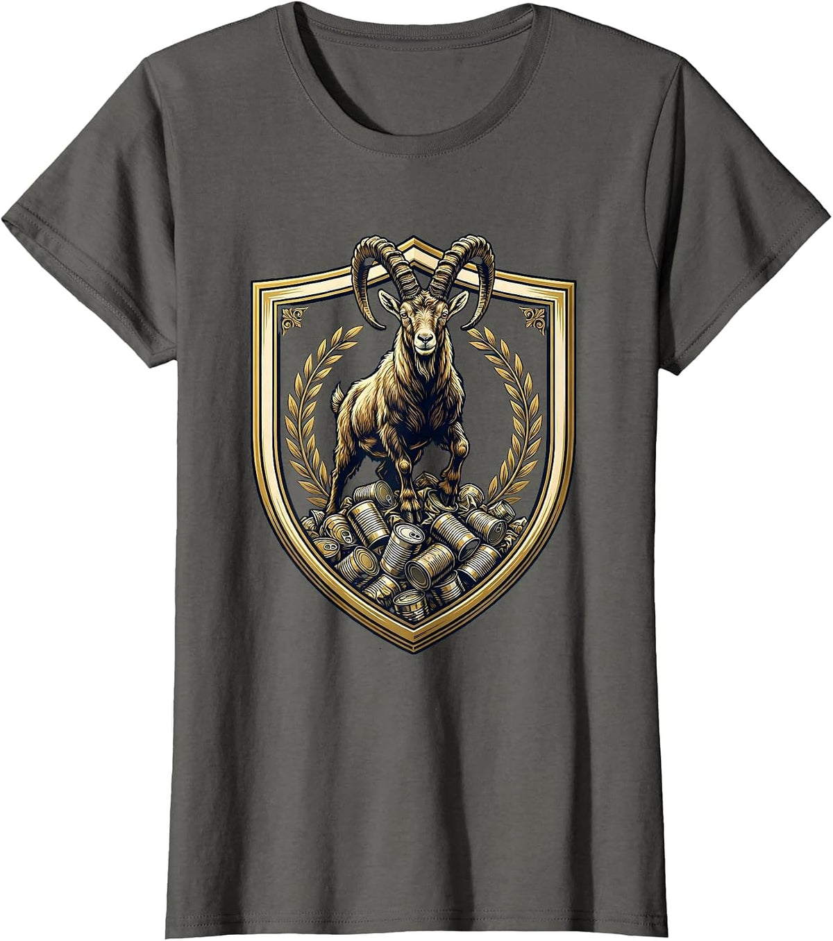 Women's Goat Standing on Crushed Tin Cans Illustration T-Shirt - Asphalt Grey