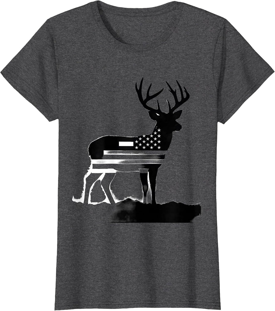 Women's Standing Whitetail Buck Silhouette Deer Hunting Dad T-Shirt - Dark Heather Grey