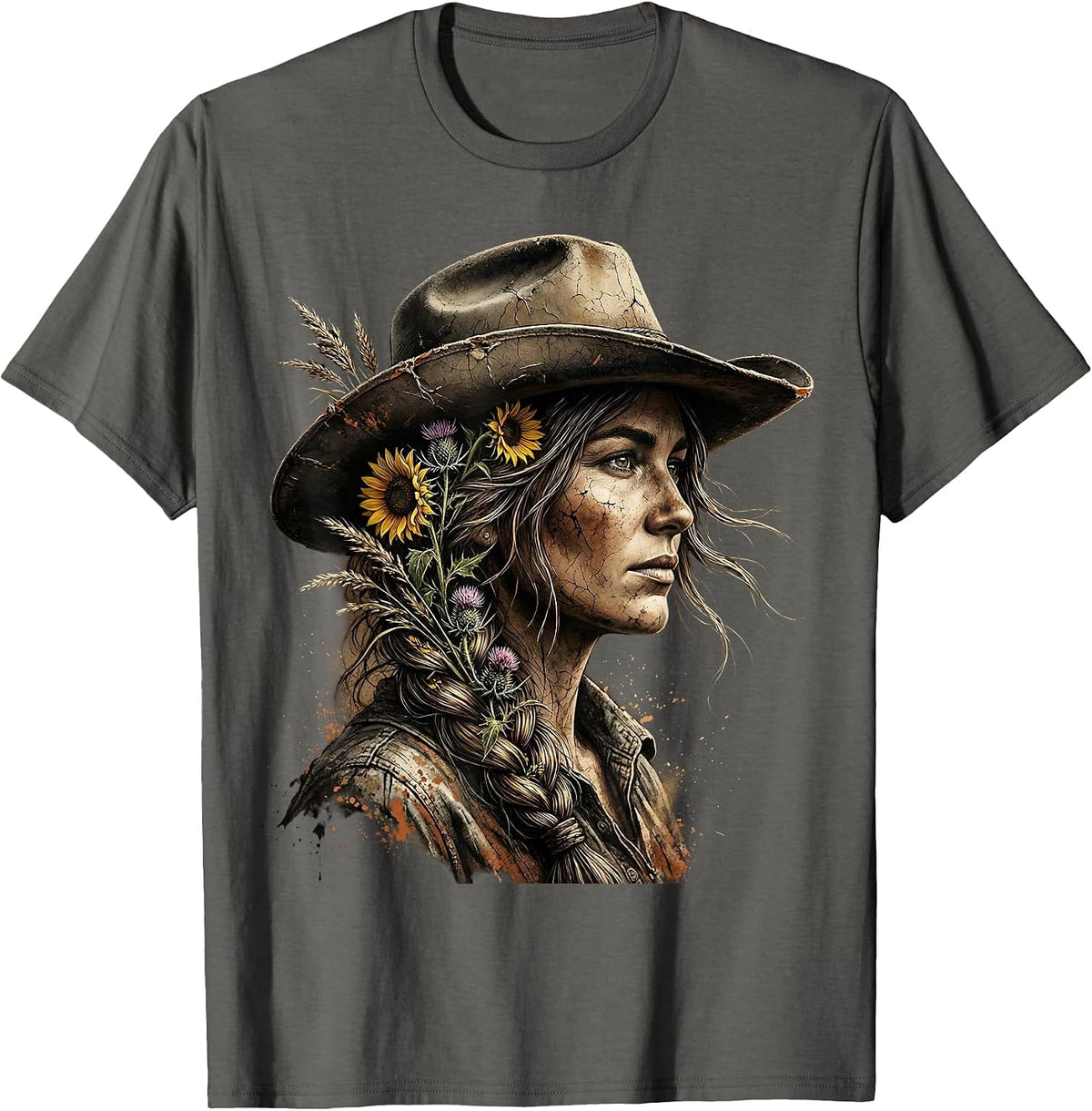 Prairie Wildflower Braid Western Boho Illustration T-Shirt - Asphalt Grey