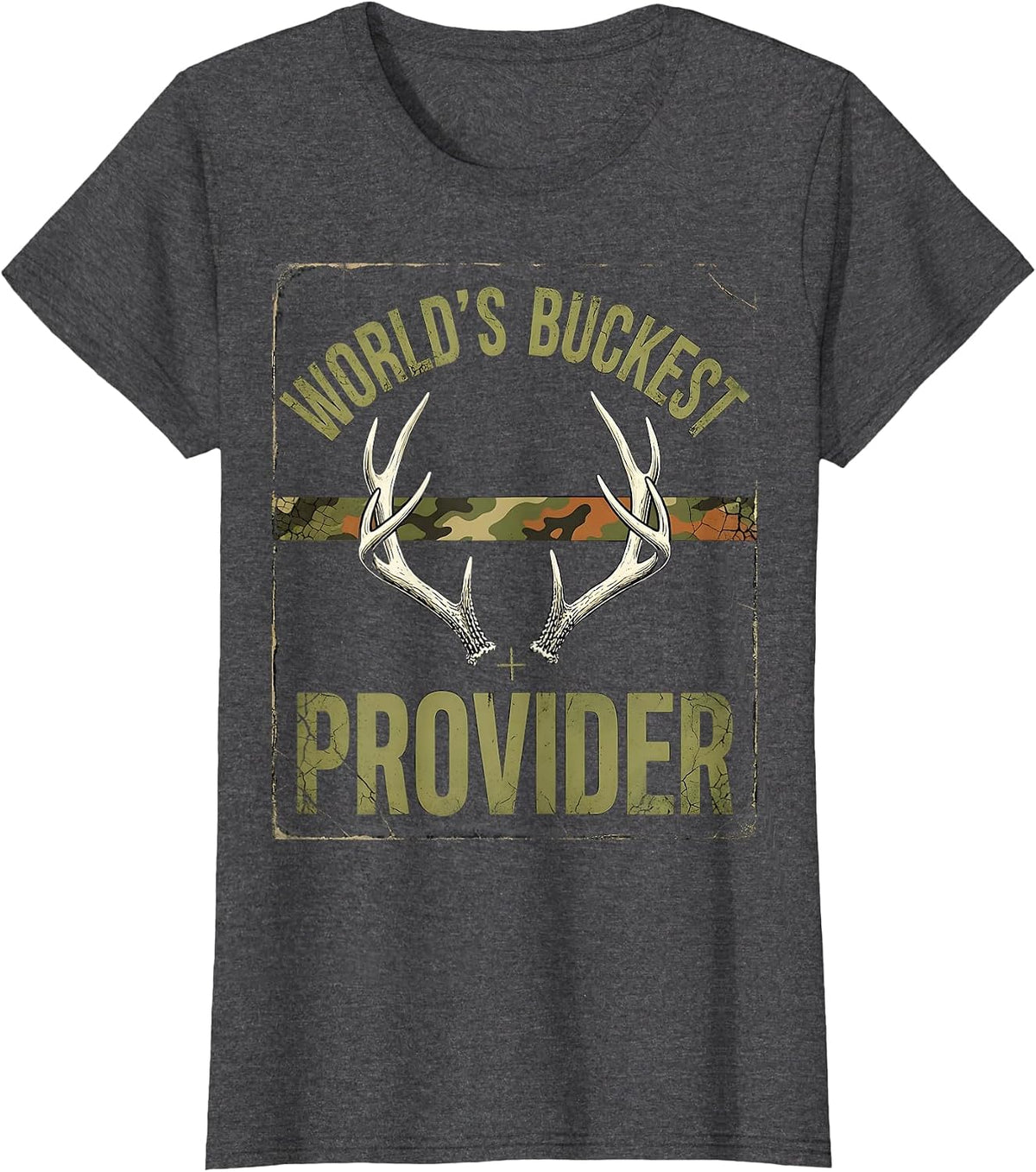 Women's World's Buckest Provider Distressed Deer Hunting Camo Dad T-Shirt - Dark Heather Grey