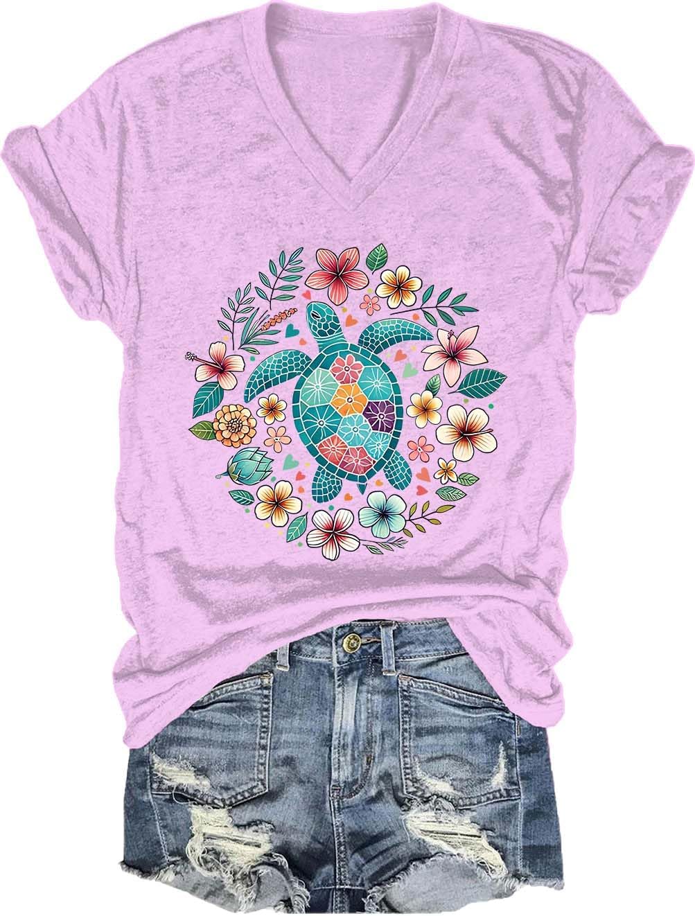 Sea Turtle T-Shirt, Funny Sea Turtle Graphic Beach V Neck Short Sleeve Tees - V-Neck Pink-1