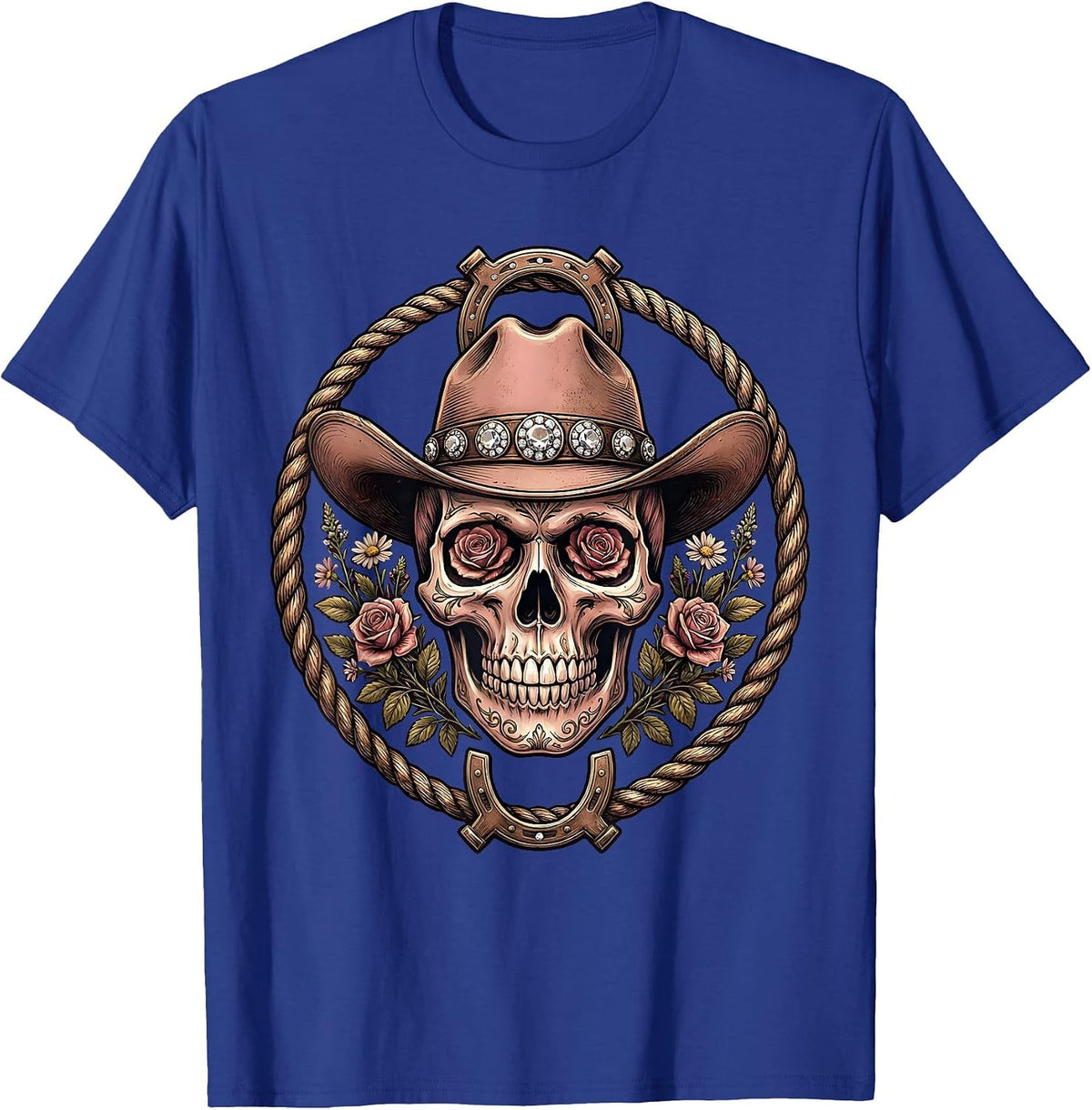 Floral Skull Rhinestone Cowboy Hat Western Design T-Shirt - Royal Blue
