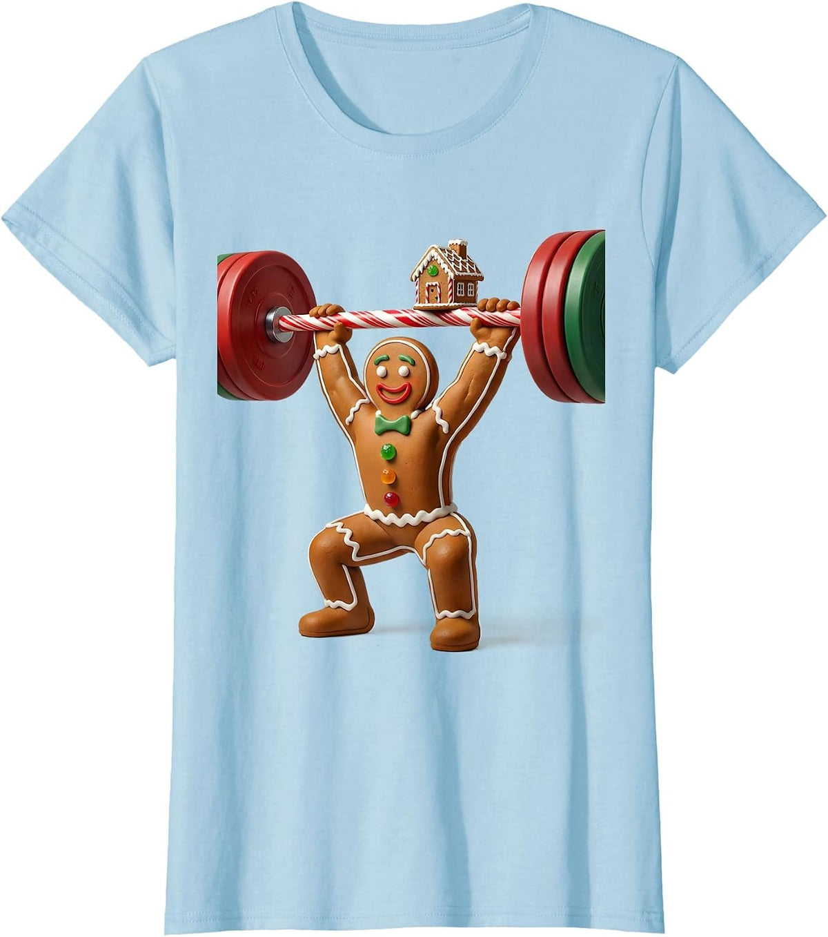 Women's Gingerbread Lifter Cartoon Funny Christmas Gym Weightlifting T-Shirt - Baby Blue