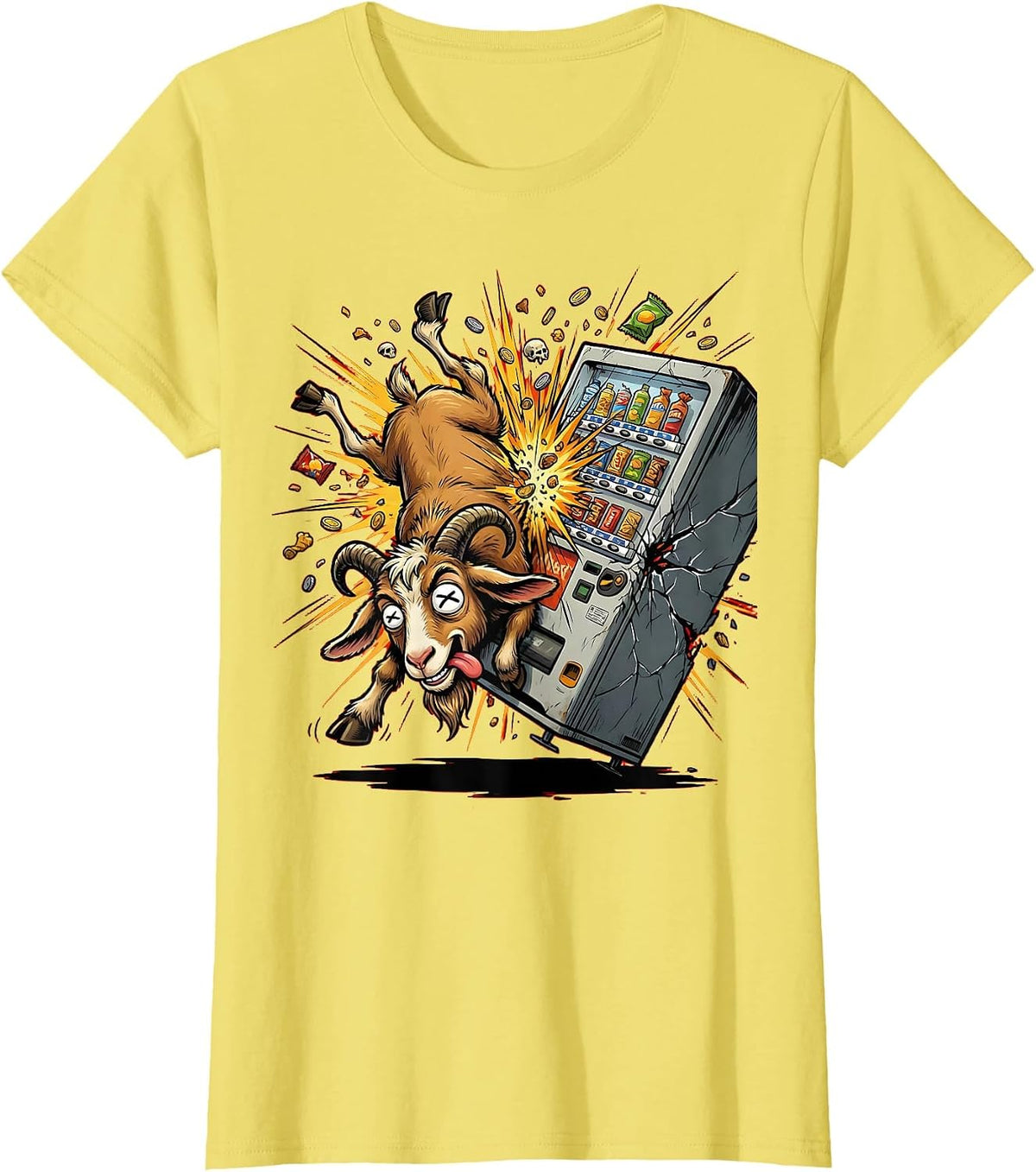 Women's Goat Headbutting Vending Machine Funny Graphic T-Shirt - Lemon Yellow