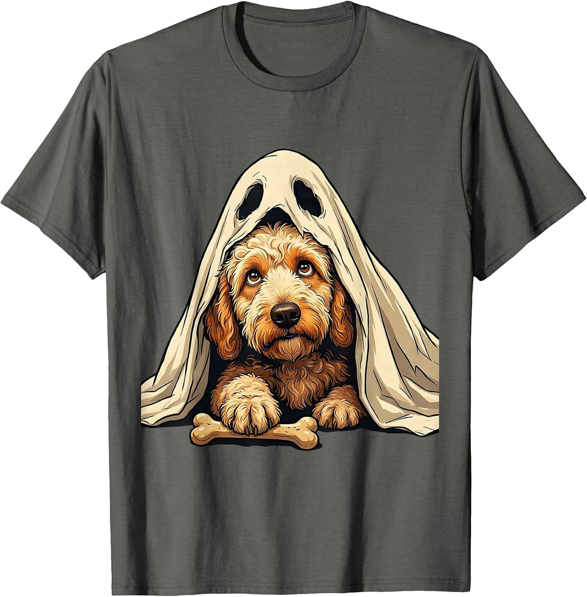 Men's Curly Goldendoodle Ghost Bone Stealing Halloween Humor T-Shirt - Asphalt Grey