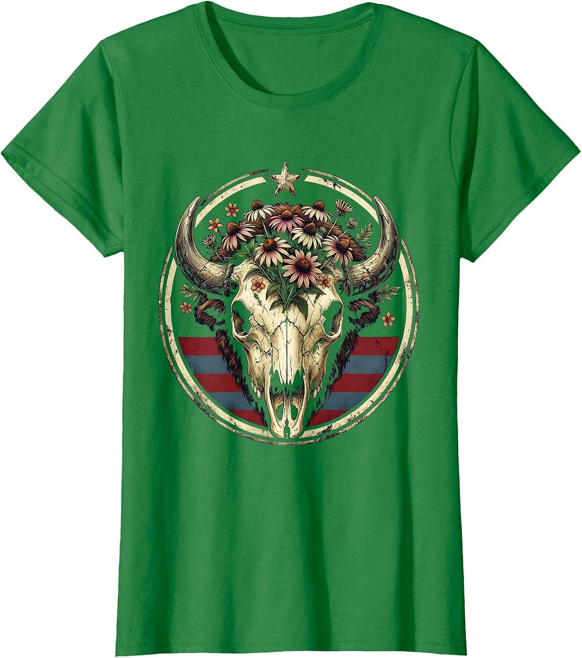 Women's Bison Skull Wildflowers American West Boho Nature Art T-Shirt - Kelly Green