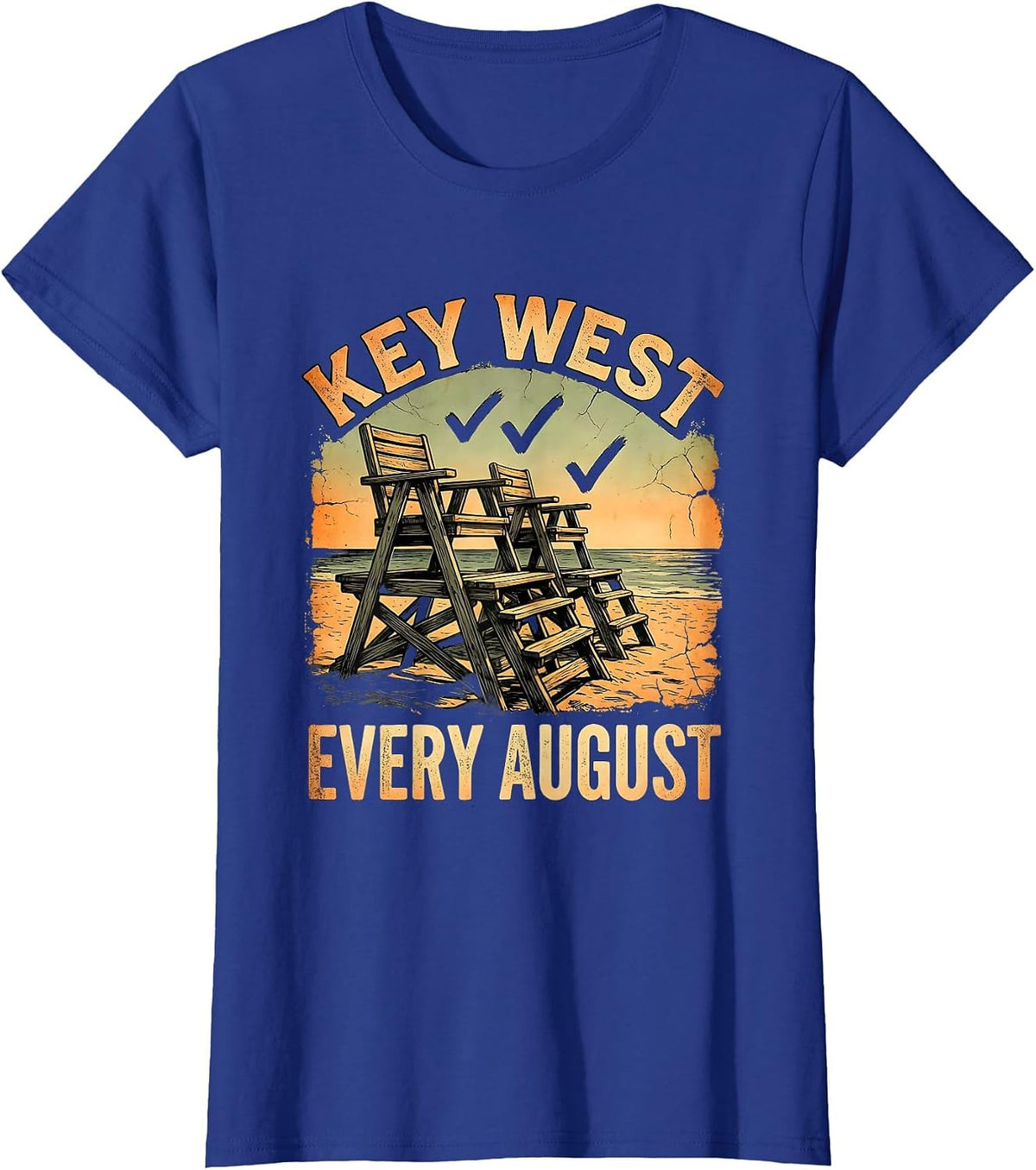 Women's KEY WEST EVERY AUGUST Boho Summer Casual Beach Souvenir T-Shirt - Royal Blue