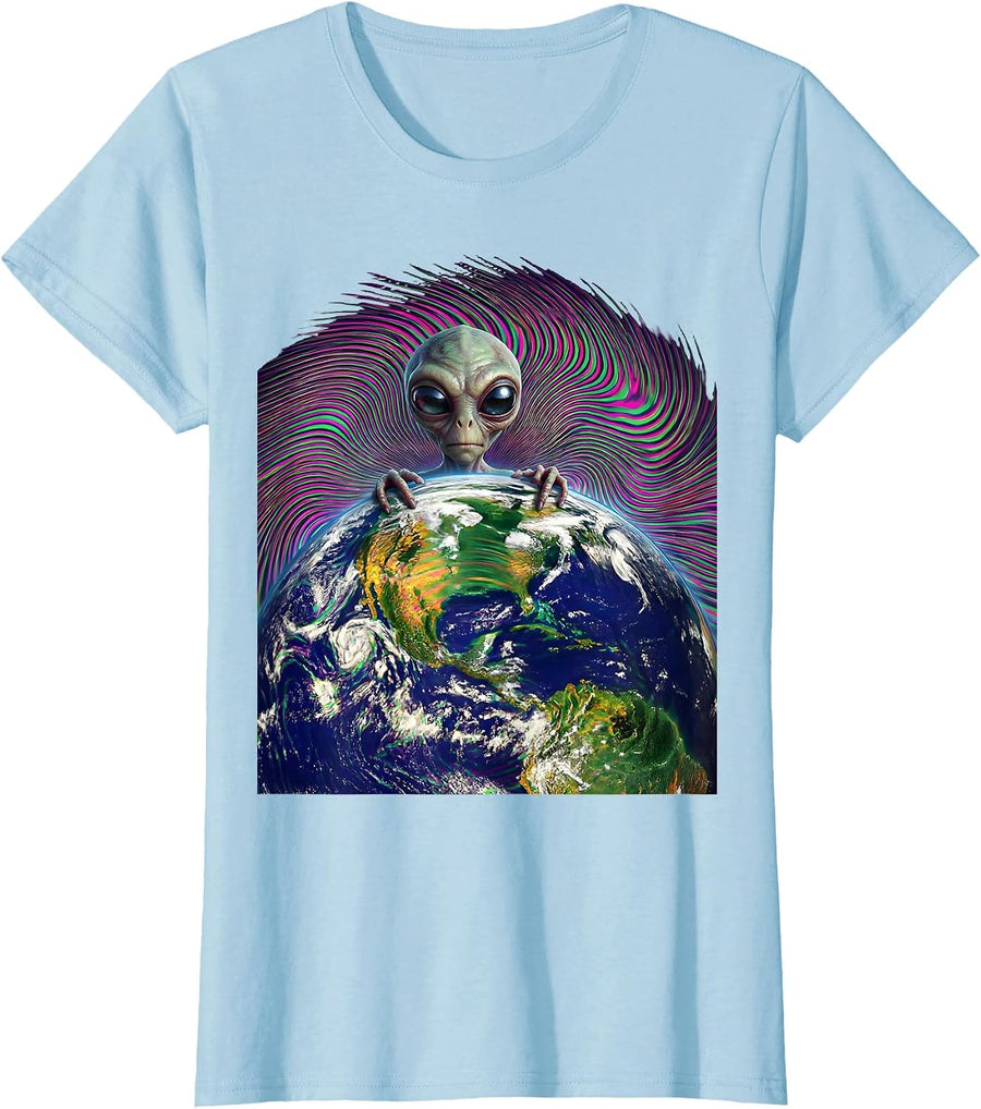 Women's Tiny Alien Peeking Over Earth's Horizon T-Shirt - Baby Blue