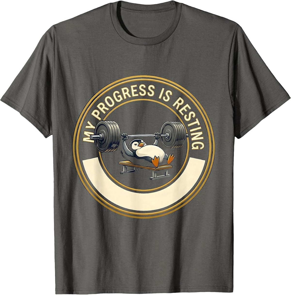 My Progress Is Resting Funny Gym Penguin Weightlifting T-Shirt - Asphalt Grey