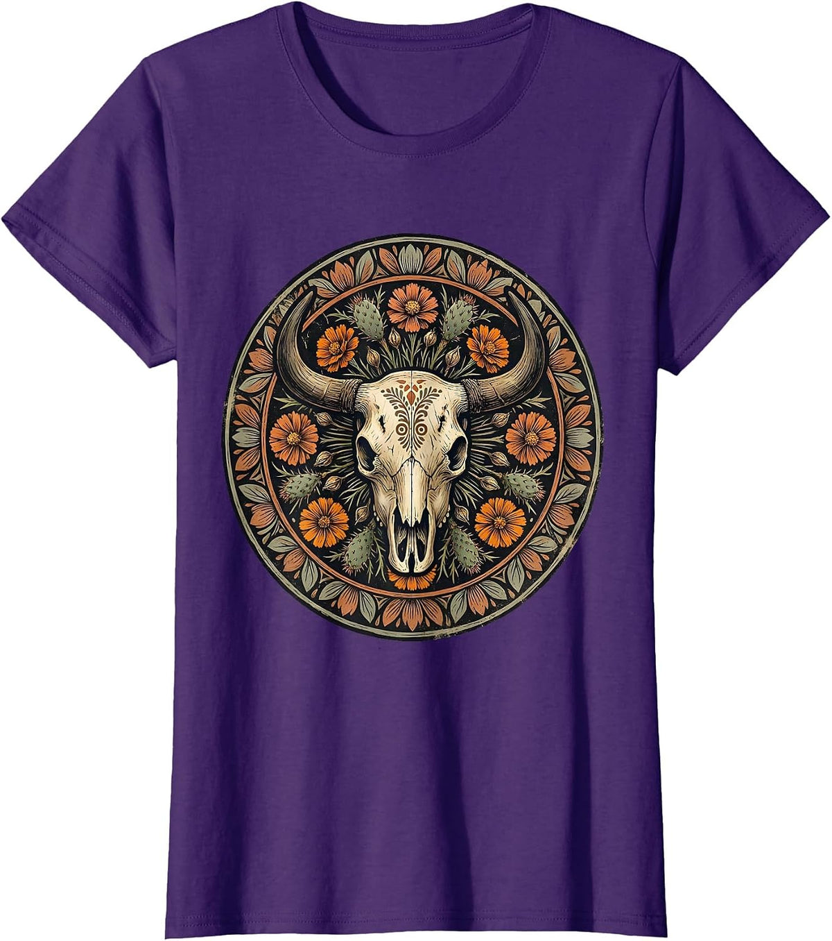 Women's Bull Skull Desert Wildflowers Boho Western Art T-Shirt - Purple