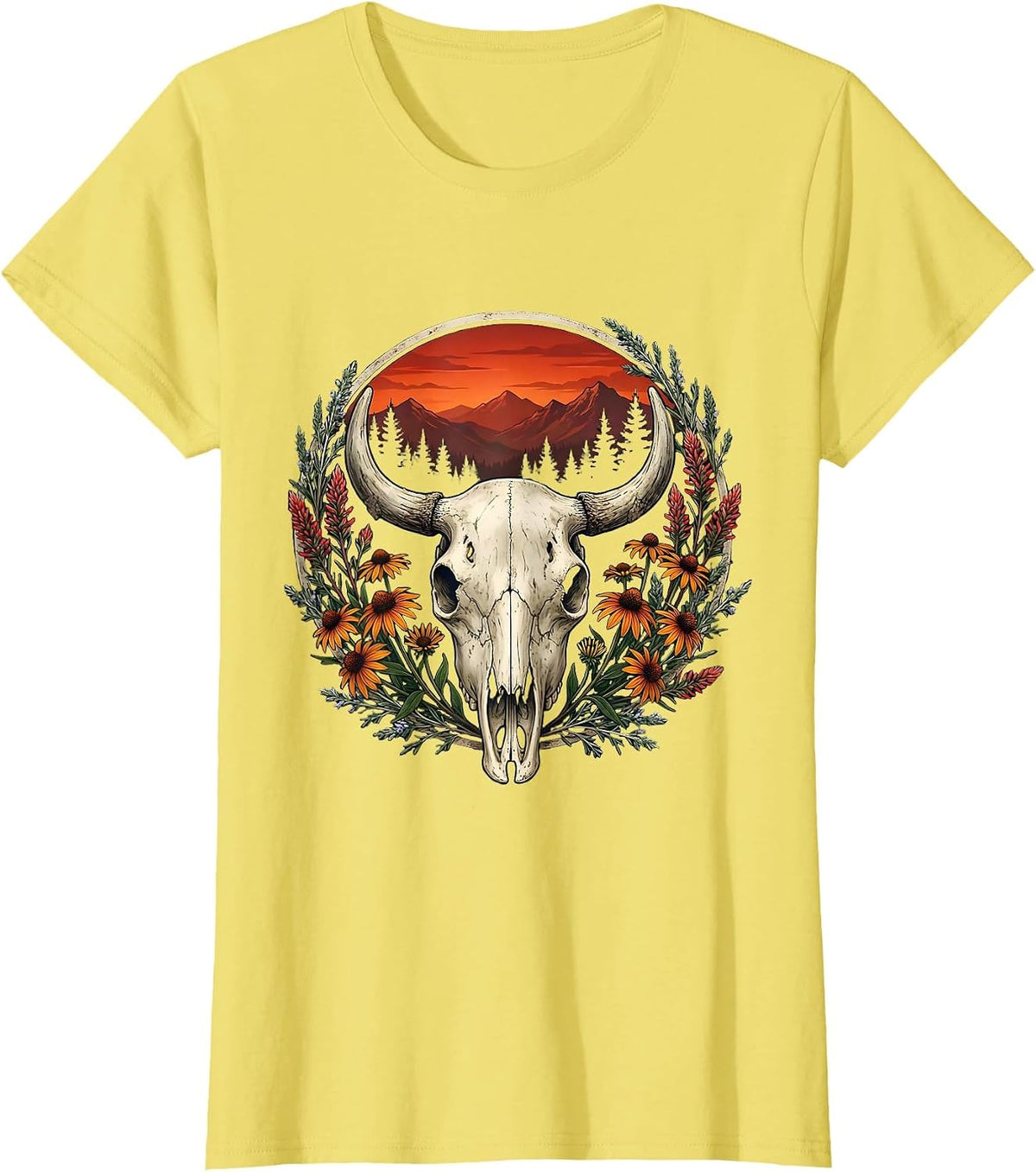 Women's Bison Skull Wildflower Wreath American West Design T-Shirt - Lemon Yellow