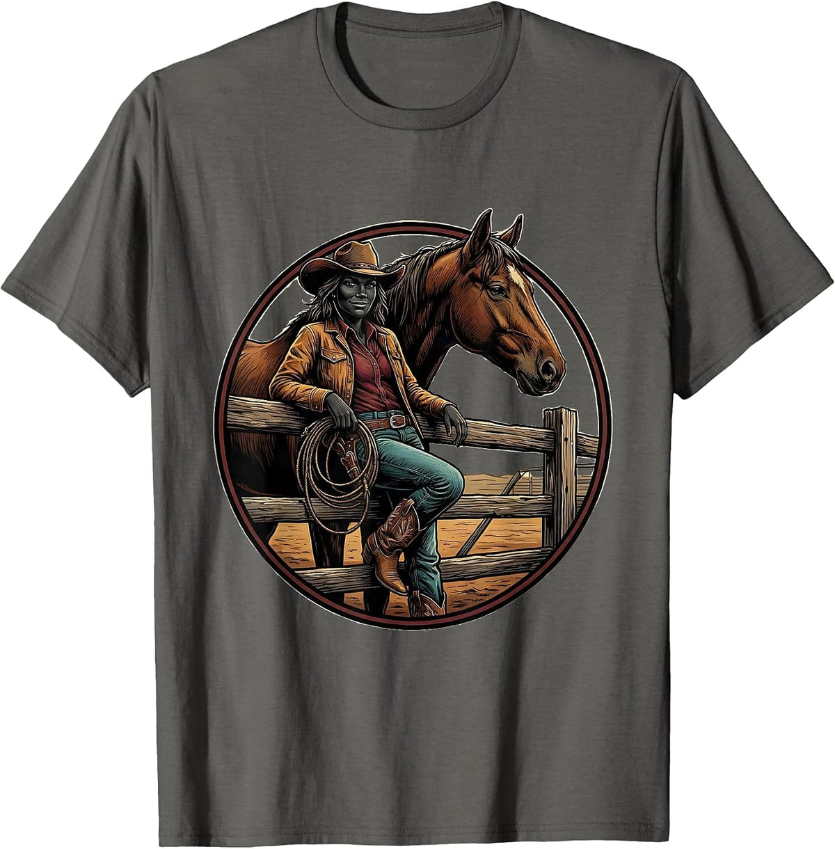 Men's Black Cowgirl Rodeo Badge Western Pride Illustration T-Shirt - Asphalt Grey