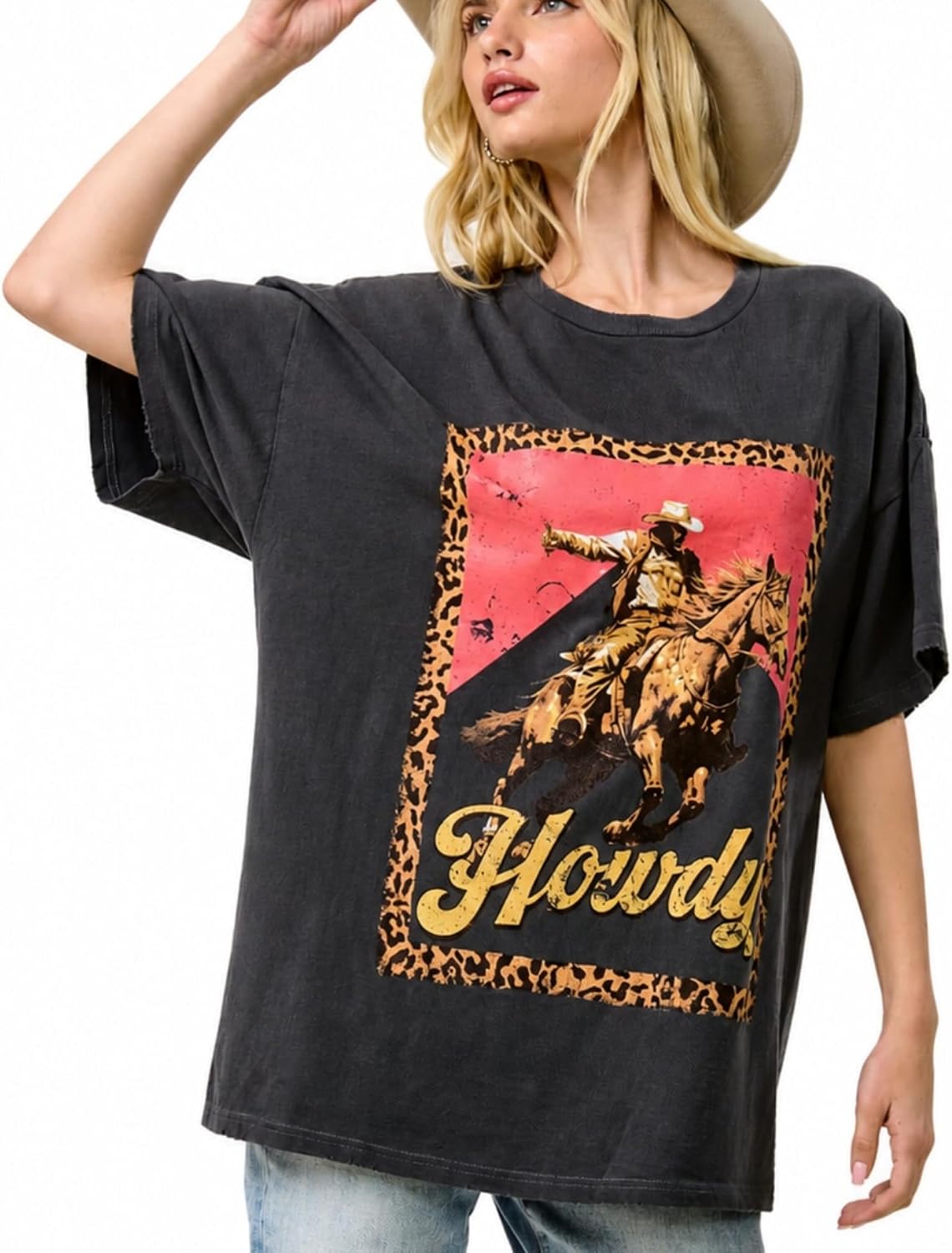 Extra Oversized Graphic Tee for Women – Runs Very Large, Size Down 1–2, Extreme Baggy Fit - Vintage Howdy Cowboy