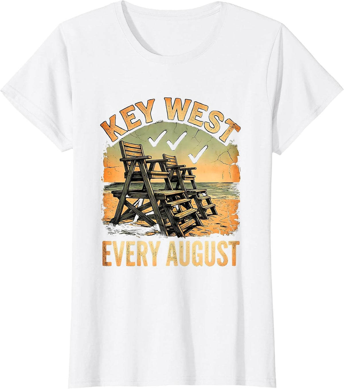 Women's KEY WEST EVERY AUGUST Boho Summer Casual Beach Souvenir T-Shirt - White