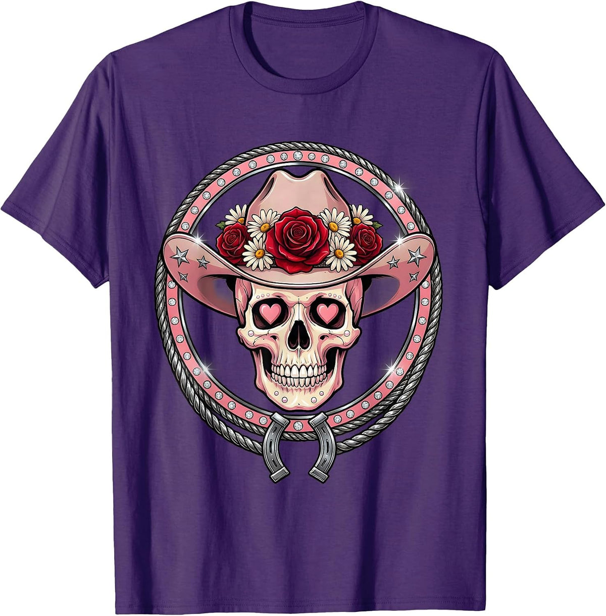 Floral Cowboy Hat Skull Western Design T-Shirt - Purple