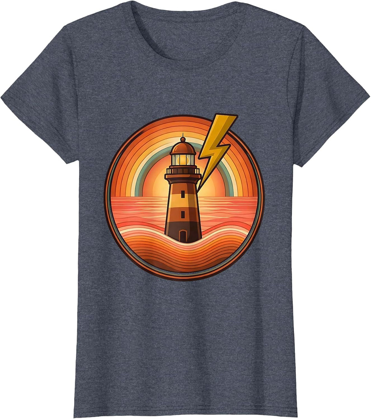 Women's Gulf Coast Lighthouse Lightning Storm Illustration T-Shirt - Heather Blue