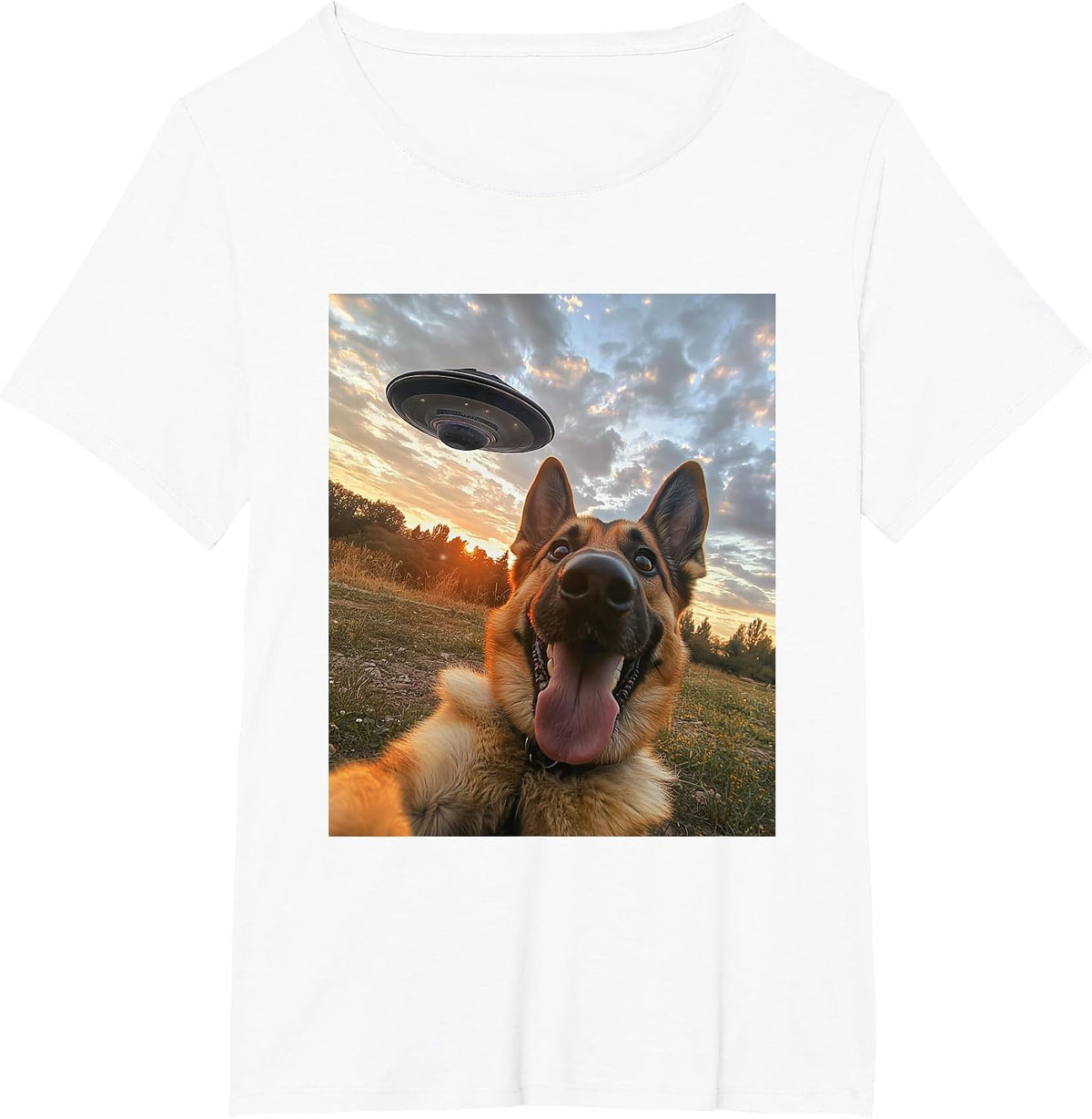 German Shepherd Dog Selfie with UFOs Funny Graphic T-Shirt - White
