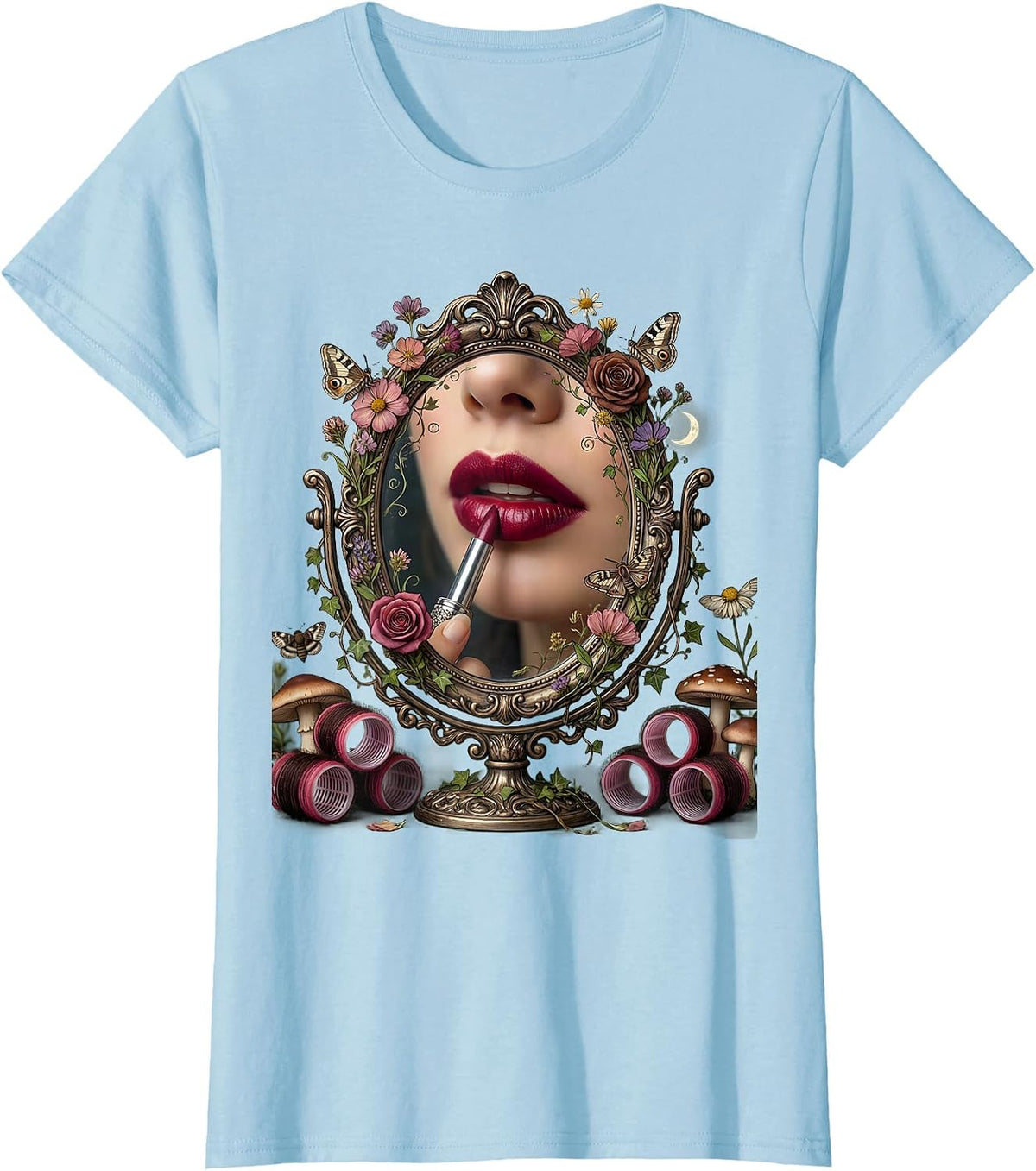 Women's Mimi Glam Rollers Lipstick Illustration T-Shirt - Baby Blue