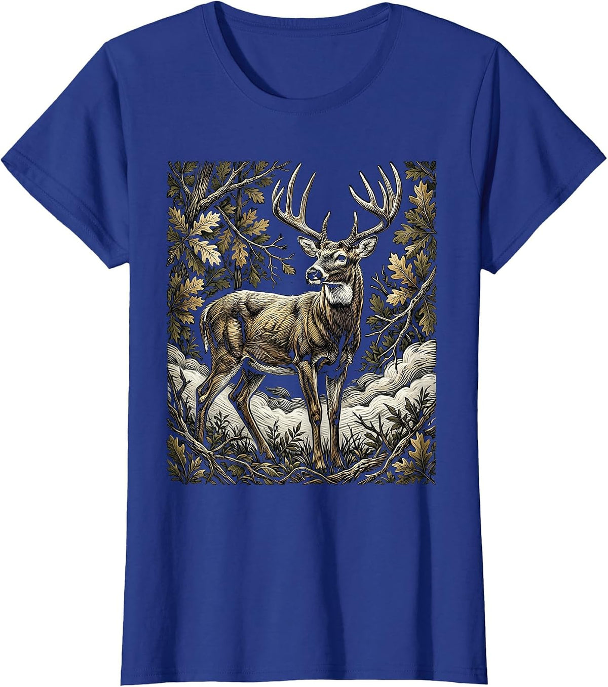Women's Deer Buck Camouflage Fog Hunting Graphic T-Shirt - Royal Blue