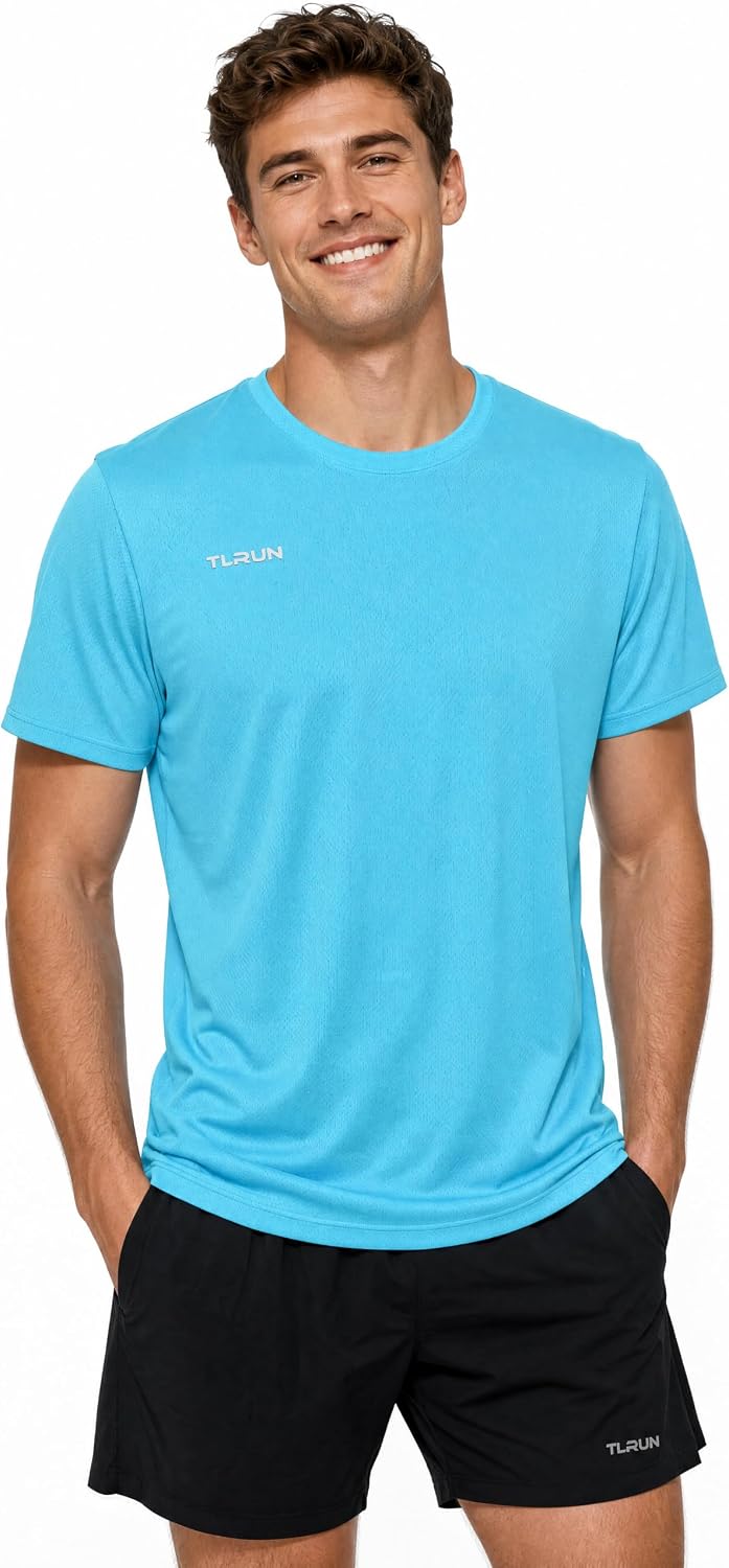 TLRUN Men’s Running T-Shirt, Lightweight Quick Dry Reflective Tee - Light Blue