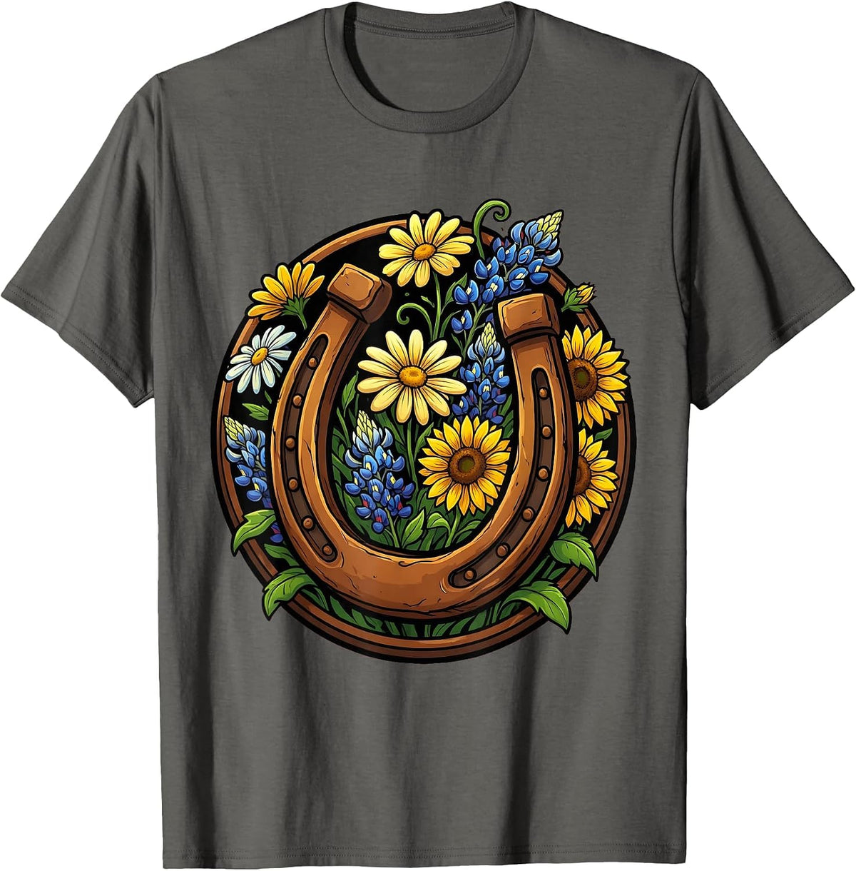 Horseshoe Wildflowers Western Floral Boho Design T-Shirt - Asphalt Grey