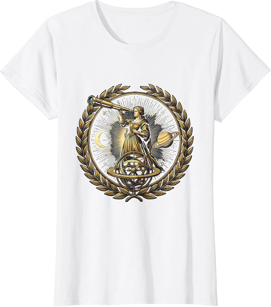 Women's Renaissance Woman Astronomer Brass Telescope Art T-Shirt - White