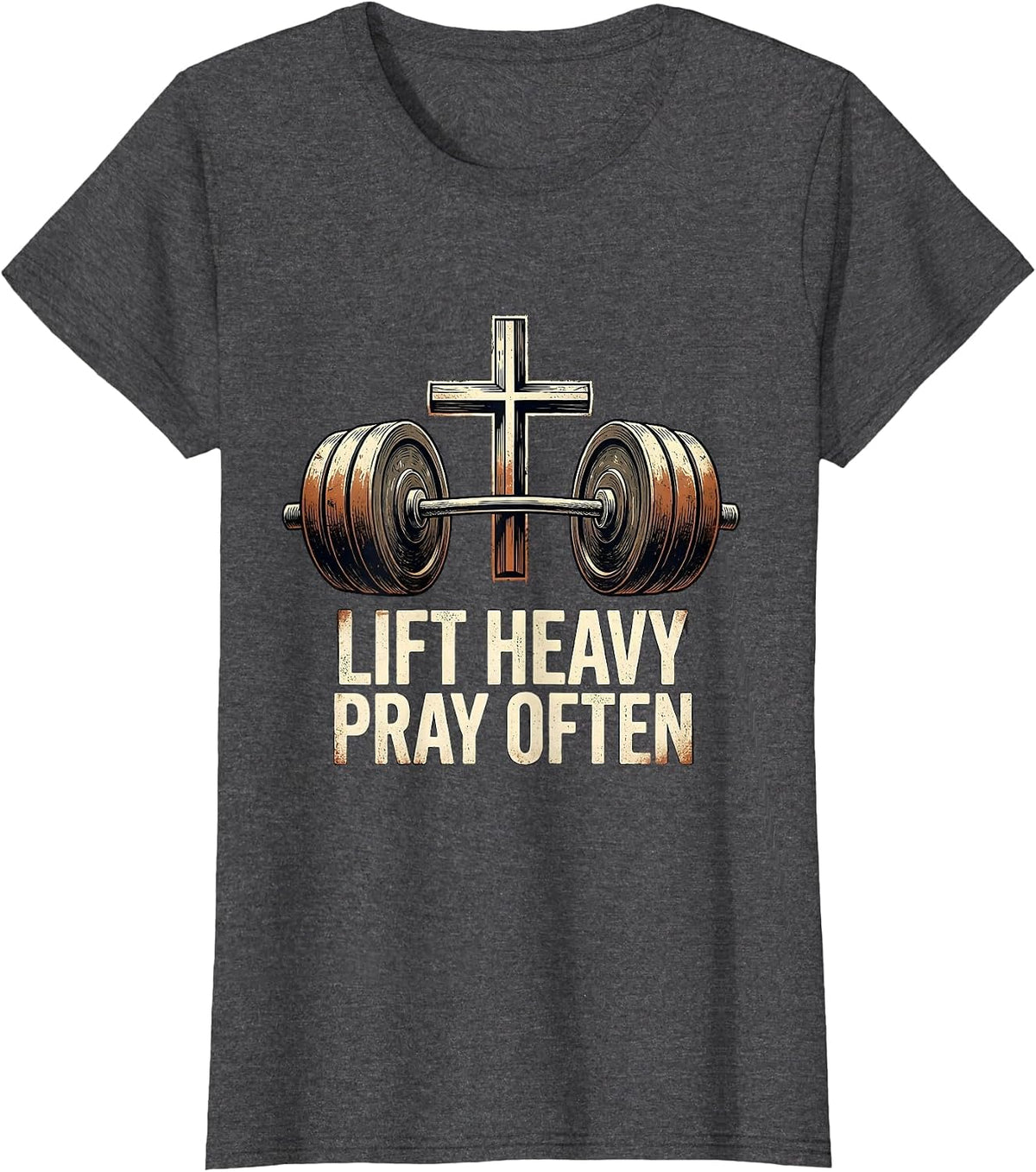 Women's Lift Heavy Pray Often Distressed Christian Gym Faith T-Shirt - Dark Heather Grey