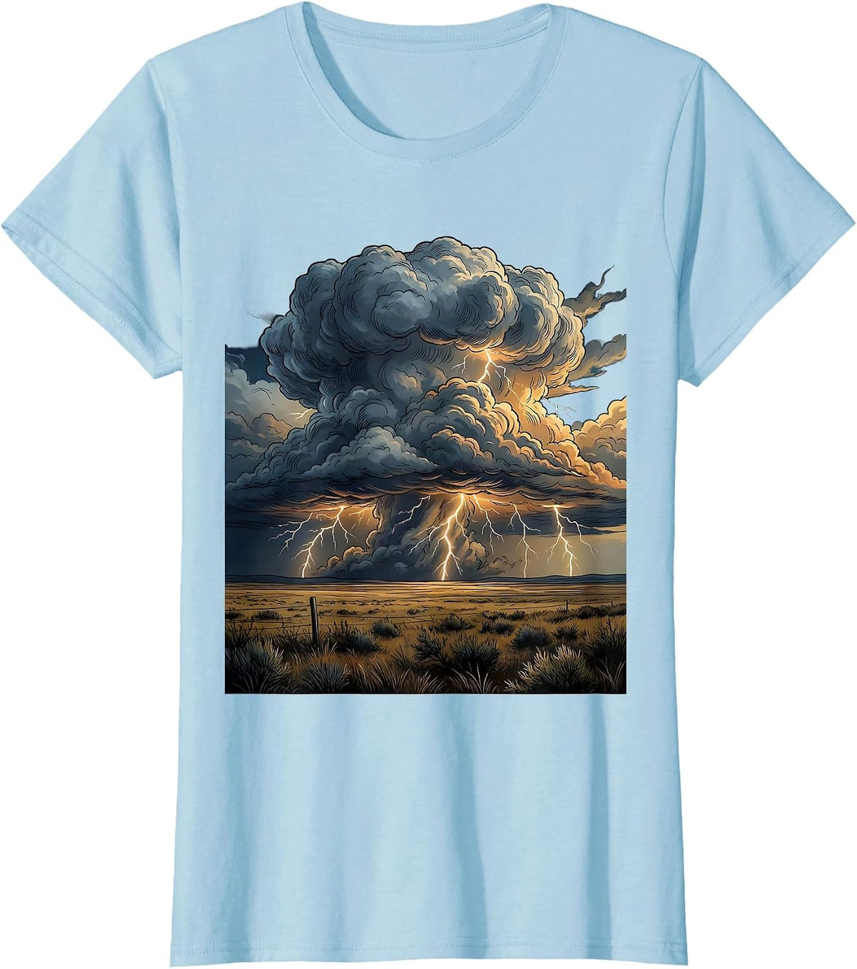 Lightning Storm Over Open Flatlands Graphic T-Shirt - Baby Blue