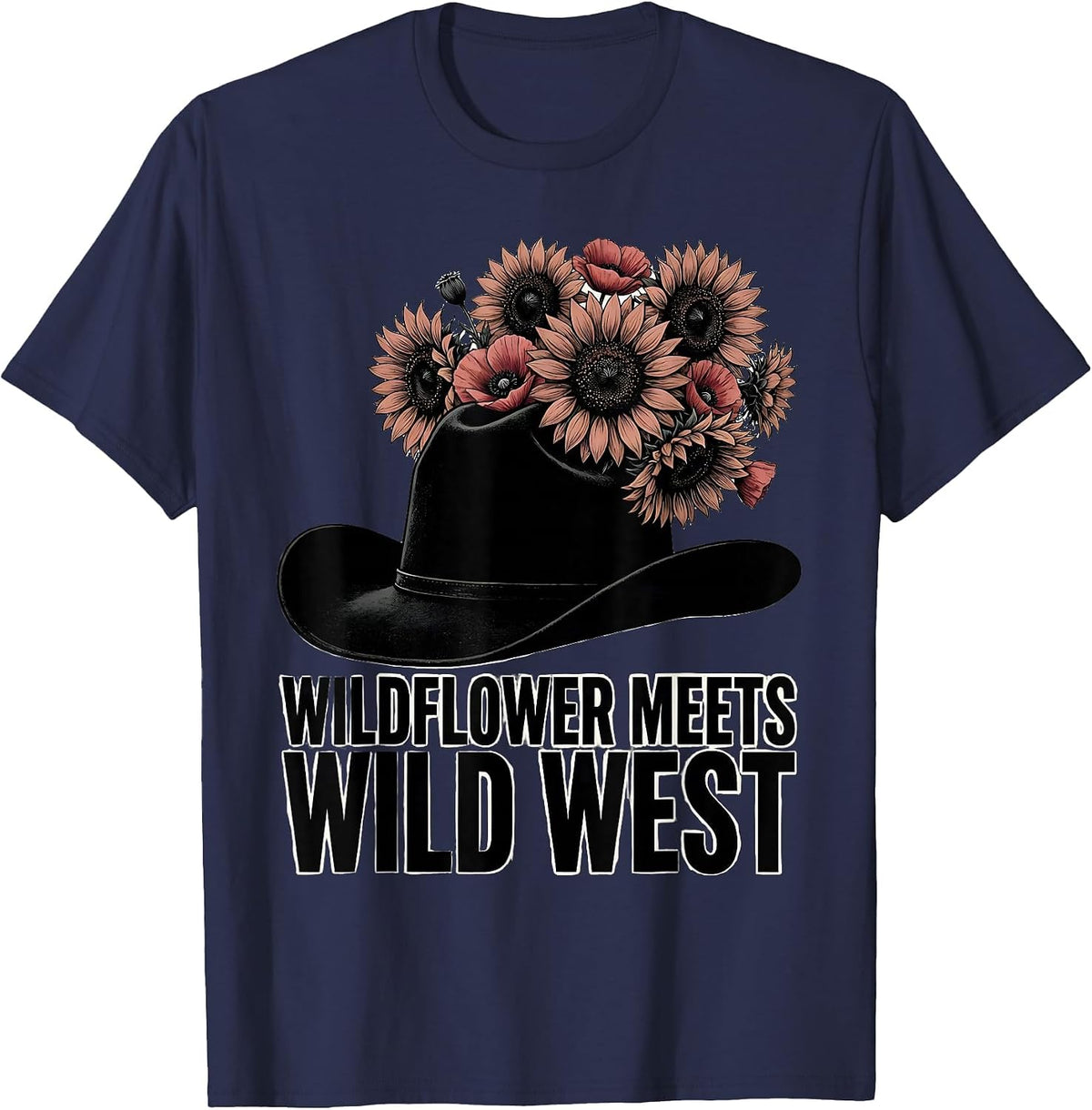 Wildflower Meets Wild West Western Design T-Shirt - Navy Blue