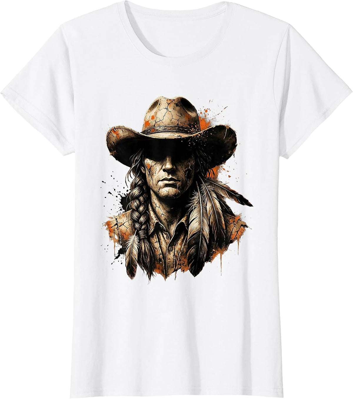 Cowgirl Braided Hair Feathers Western Illustration T-Shirt - White