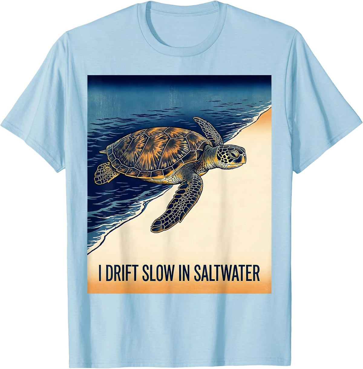 Men's I Drift Slow In Saltwater Ukiyo-e Sea Turtle Lover Beach T-Shirt - Baby Blue