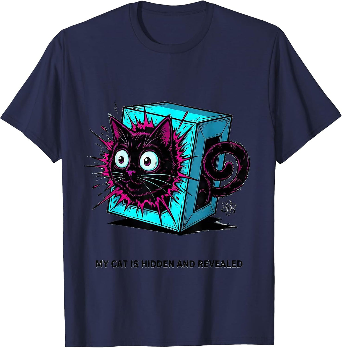 Men's My Cat Is Hidden And Revealed Cartoon Quantum Physics Cat T-Shirt - Navy Blue