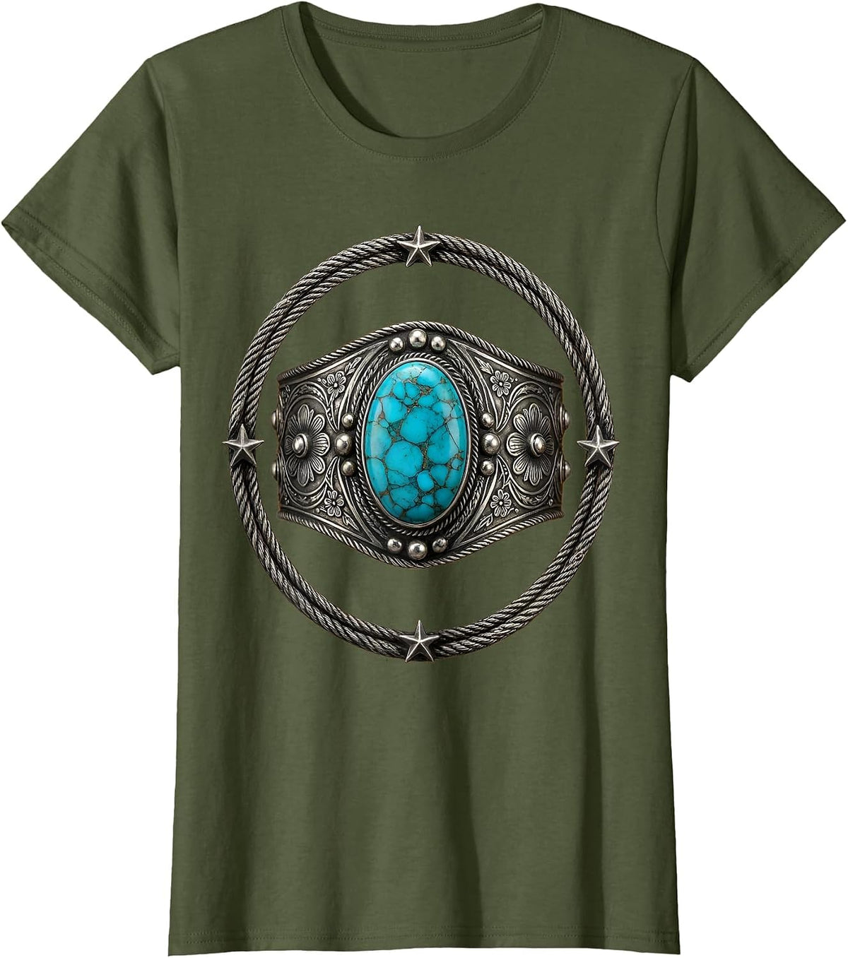 Women's Turquoise Silver Cuff Western Gemstone Design T-Shirt - Olive Green