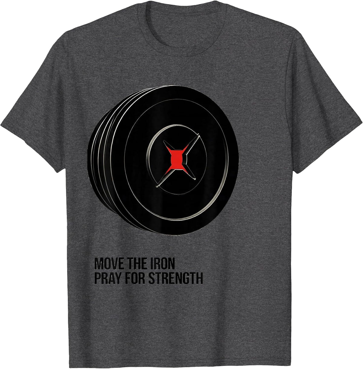 Men's Move The Iron Pray For Strength Christian Gym Faith Humor T-Shirt - Dark Heather Grey