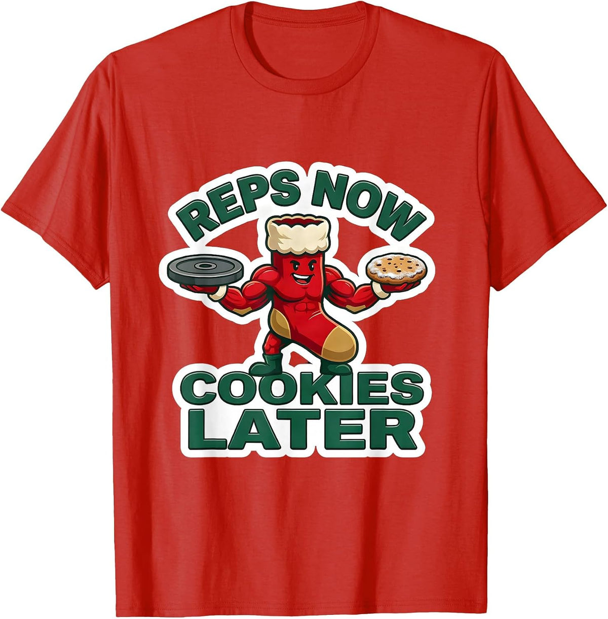 Men's Reps Now Cookies Later Funny Gym Christmas Weightlifting T-Shirt - Red